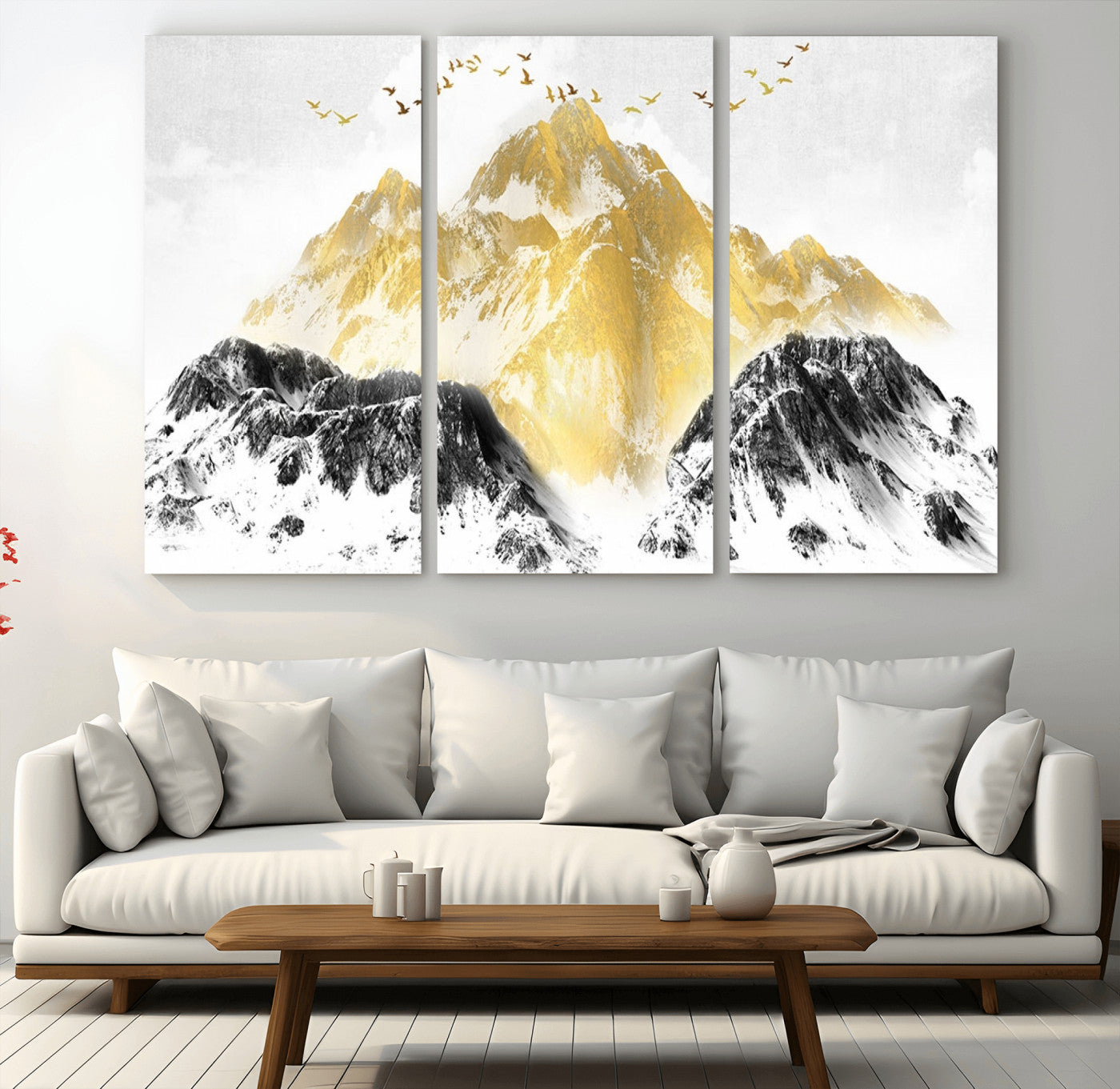 37733-MGV-CV-48X32-3P-Golden Mountain Wall Art – Modern Abstract Landscape Canvas Print with Birds, Luxury Nature Decor for Living Room, Bedroom, or