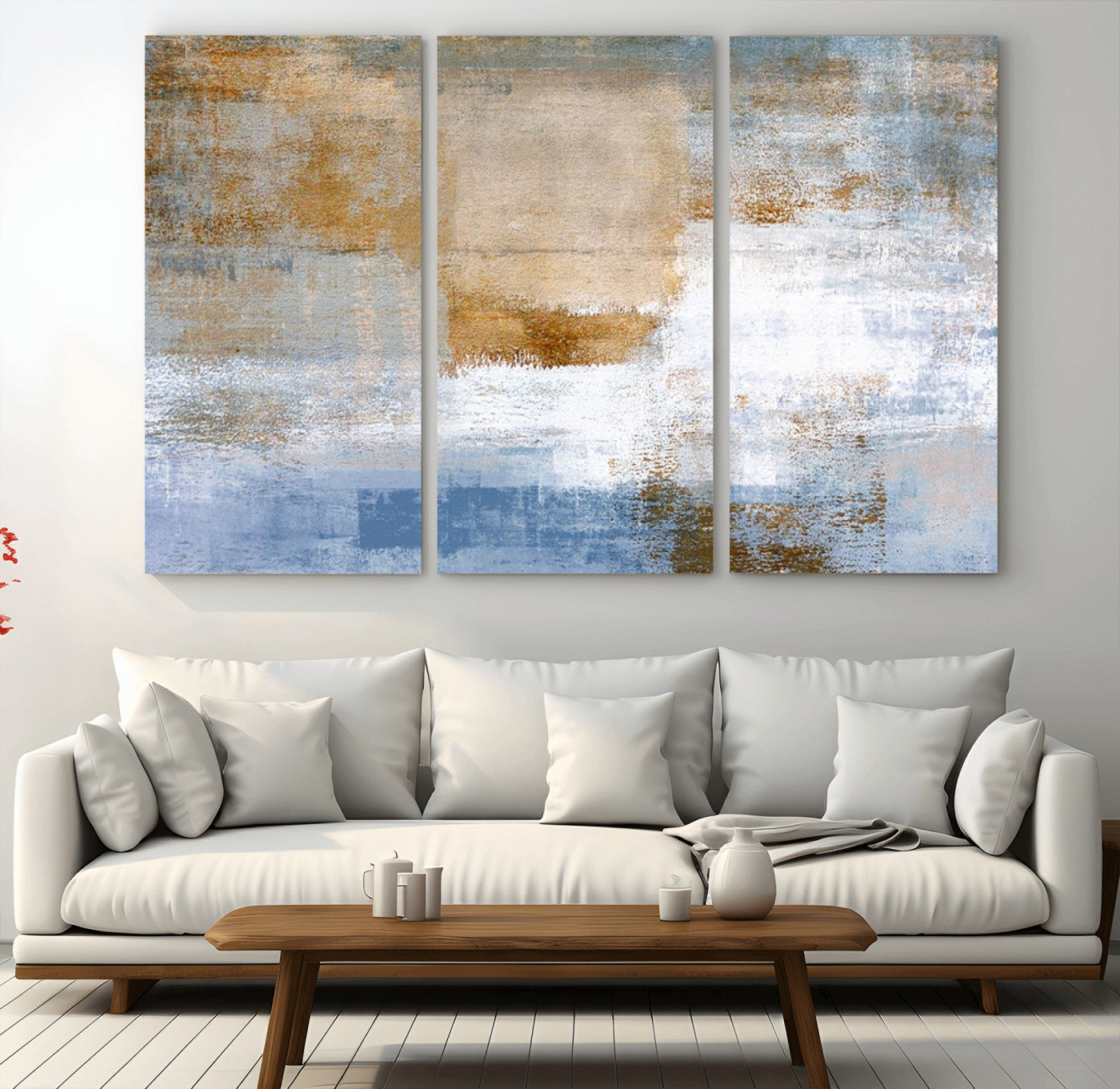 72354-MGV-CV-48X32-3P-Blue and Gold Abstract Wall Art – Modern Minimalist Canvas Print, Textured Contemporary Painting for Living Room, Bedroom, or
