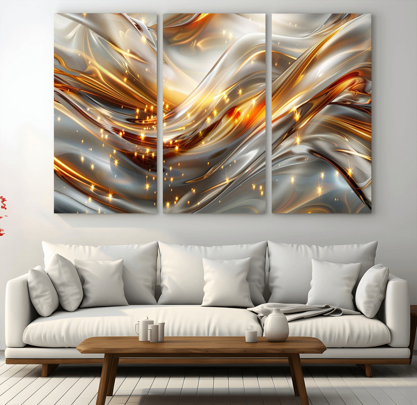 Lines1-MGV-CV-36X24-Abstract Metallic Wall Art – Silver and Gold Wave Canvas Print with Sparkling Accents, Modern Luxury Decor for Living Room, Office