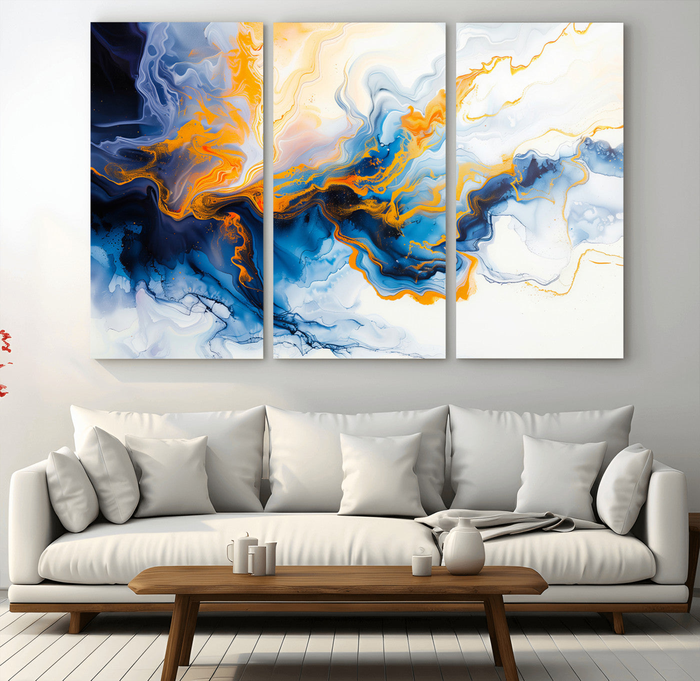 83720-MGV-CV-36X24-Abstract Fluid Wall Art – Blue, White and Gold Swirl Canvas Painting, Modern Contemporary Artwork for Living Room, Bedroom or