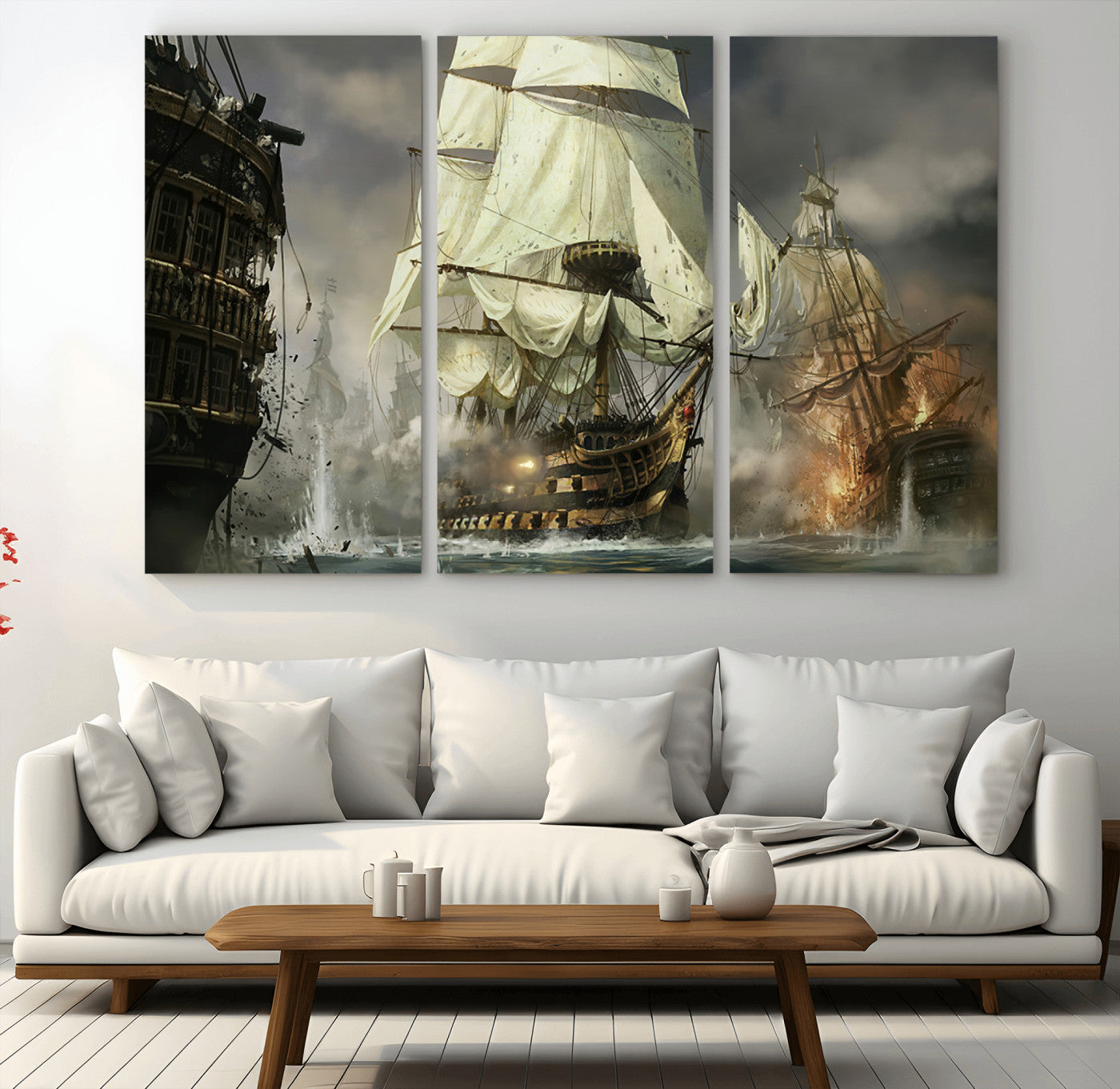 26512-MGV-CV-36X24-Naval Battle Wall Art – Dramatic Tall Ship Canvas Print, Historic Pirate Sailing War Scene, Nautical Decor for Office, Study or