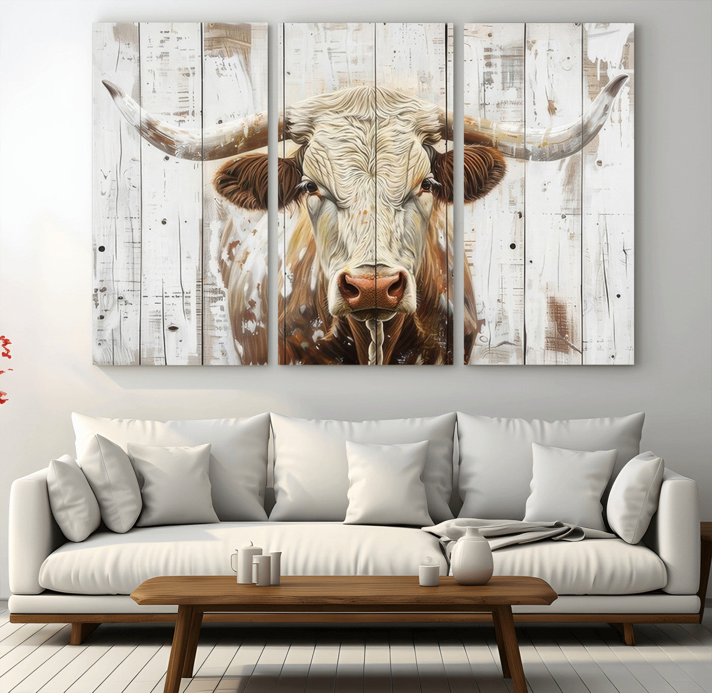 71551-MGV-CV-36X24-Longhorn Bull Wall Art – Rustic Western Cow Canvas Print, Farmhouse Animal Painting with Wood Plank Style for Living Room, Office