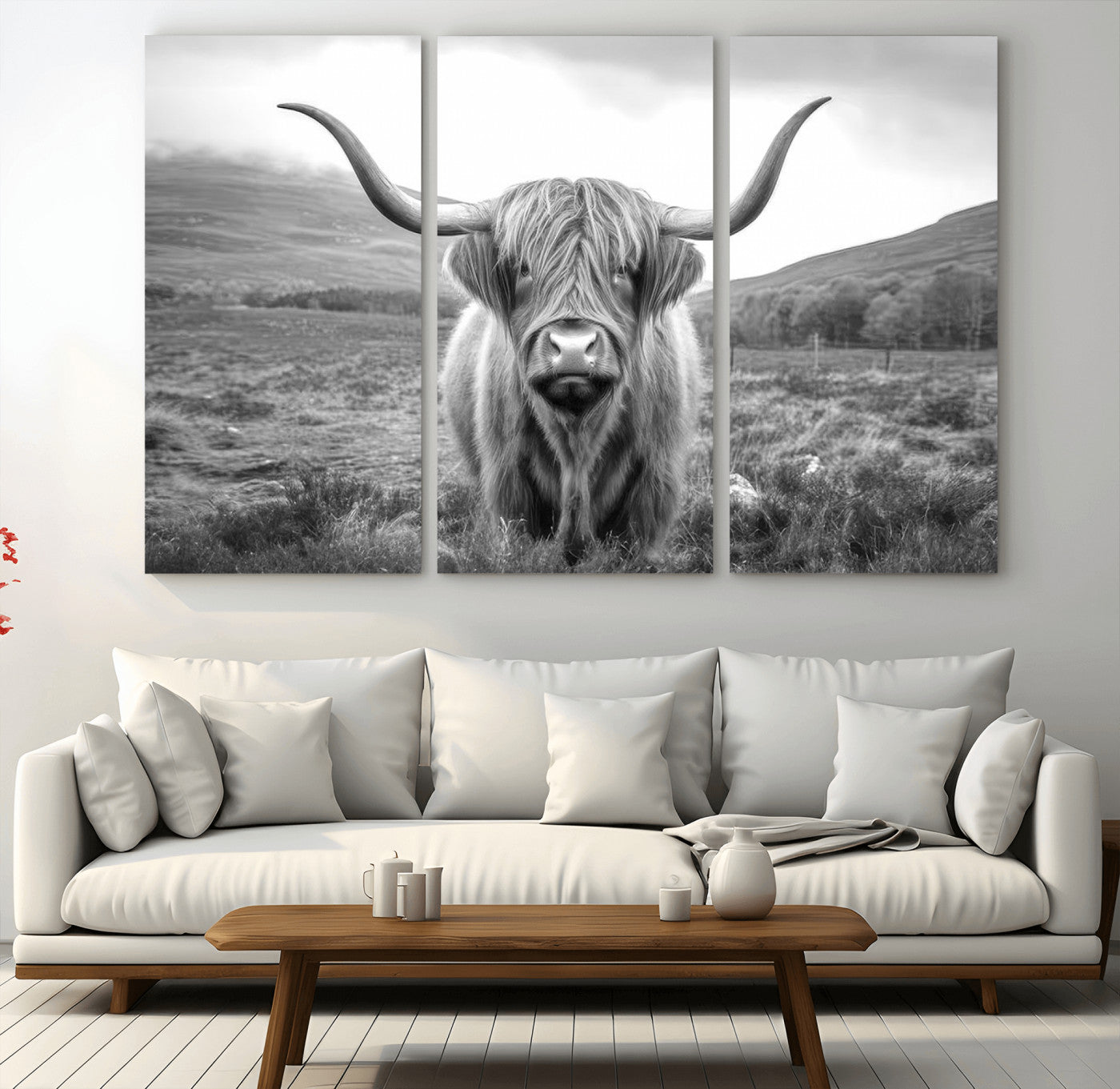 52903-MGV-CV-48X32-3P-Highland Cow Wall Art – Black and White Canvas Print Rustic Cattle Portrait, Farmhouse Country Decor for Living Room, Office,
