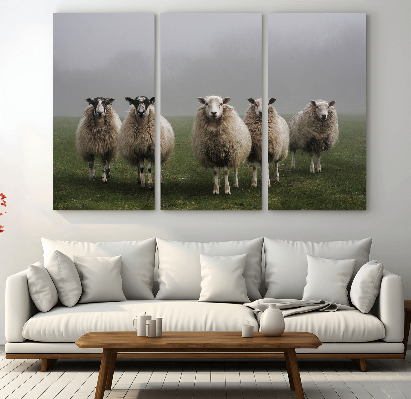 87339-MGV-CV-48X32-3P-Sheep Wall Art – Rustic Farmhouse Canvas Print Flock Standing Misty Field Countryside Photography, Country Animal Decor for Living