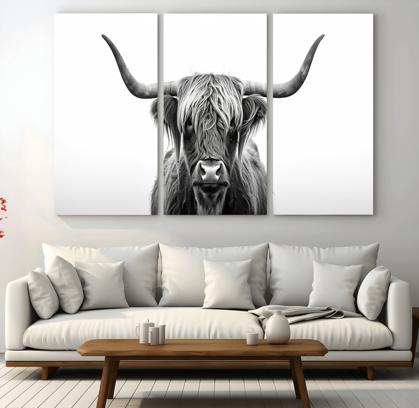 49556-MGV-CV-36X24-Highland Cow Wall Art – Black and White Scottish Highland Cattle Print, Rustic Farmhouse Minimalist Animal Portrait Canvas for