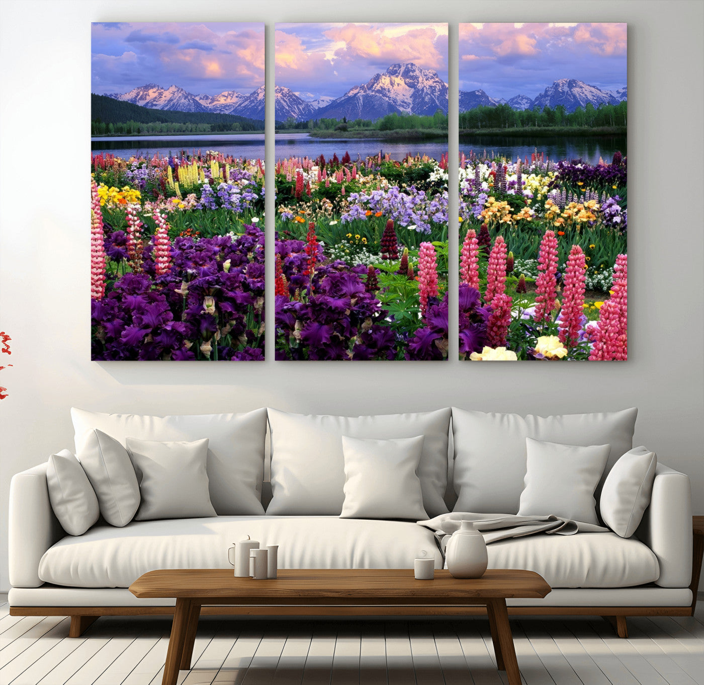 82270-MGV-CV-36X24-Colorful Wildflower Meadow Landscape Wall Art – Snow-Capped Mountain Lake Sunset Print, Vibrant Nature Artwork for Living Room,