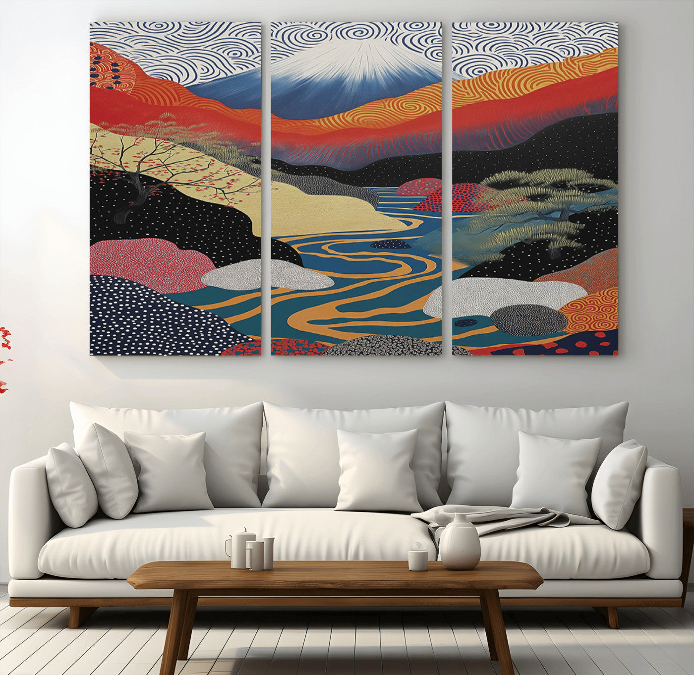 22313-MGV-CV-36X24-Yayoi Kusama Wall Art – Abstract Mount Fuji Landscape Canvas Print, Vibrant Japanese Nature Scene with River, Mountains and Sky