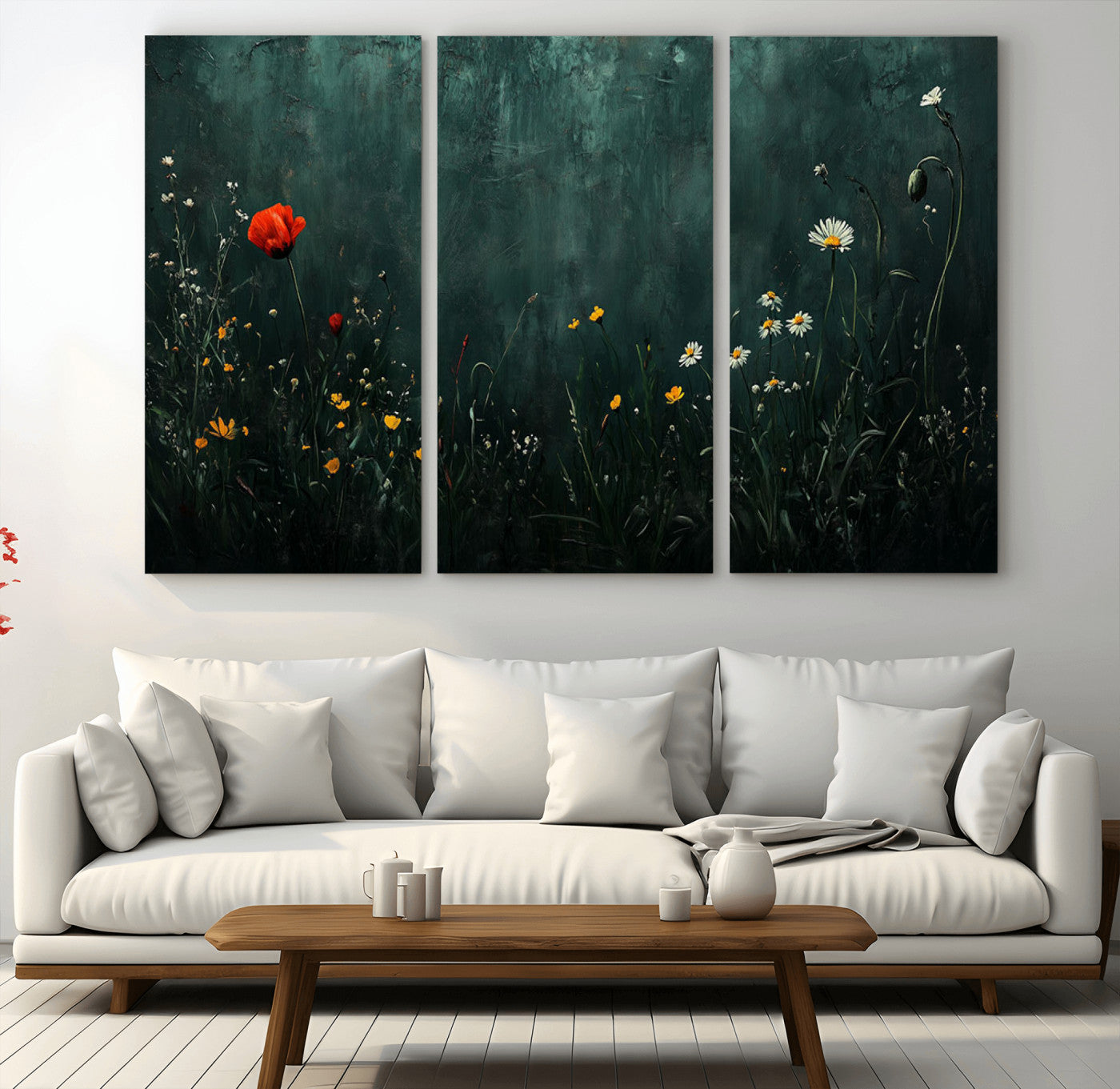 26218-MGV-CV-48X32-3P-Wildflower Wall Art – Dark Botanical Floral Canvas Print, Modern Nature Painting Poster with Daisy Poppy Yellow Flowers for Living