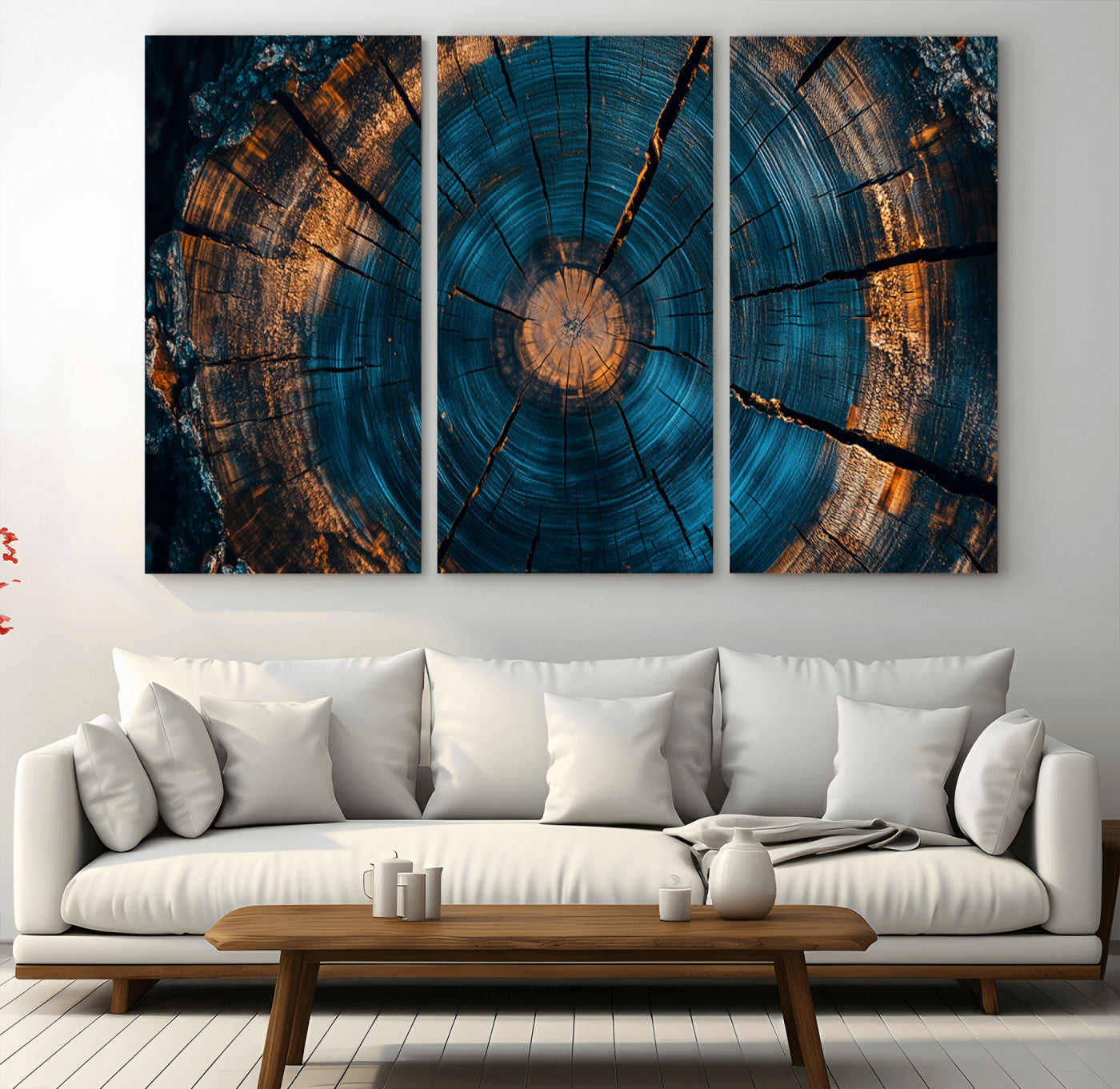 65231-MGV-CV-36X24-Blue and Gold Tree Ring Wall Art – Rustic Abstract Wood Slice Canvas Print, Modern Nature Inspired Artwork for Living Room,