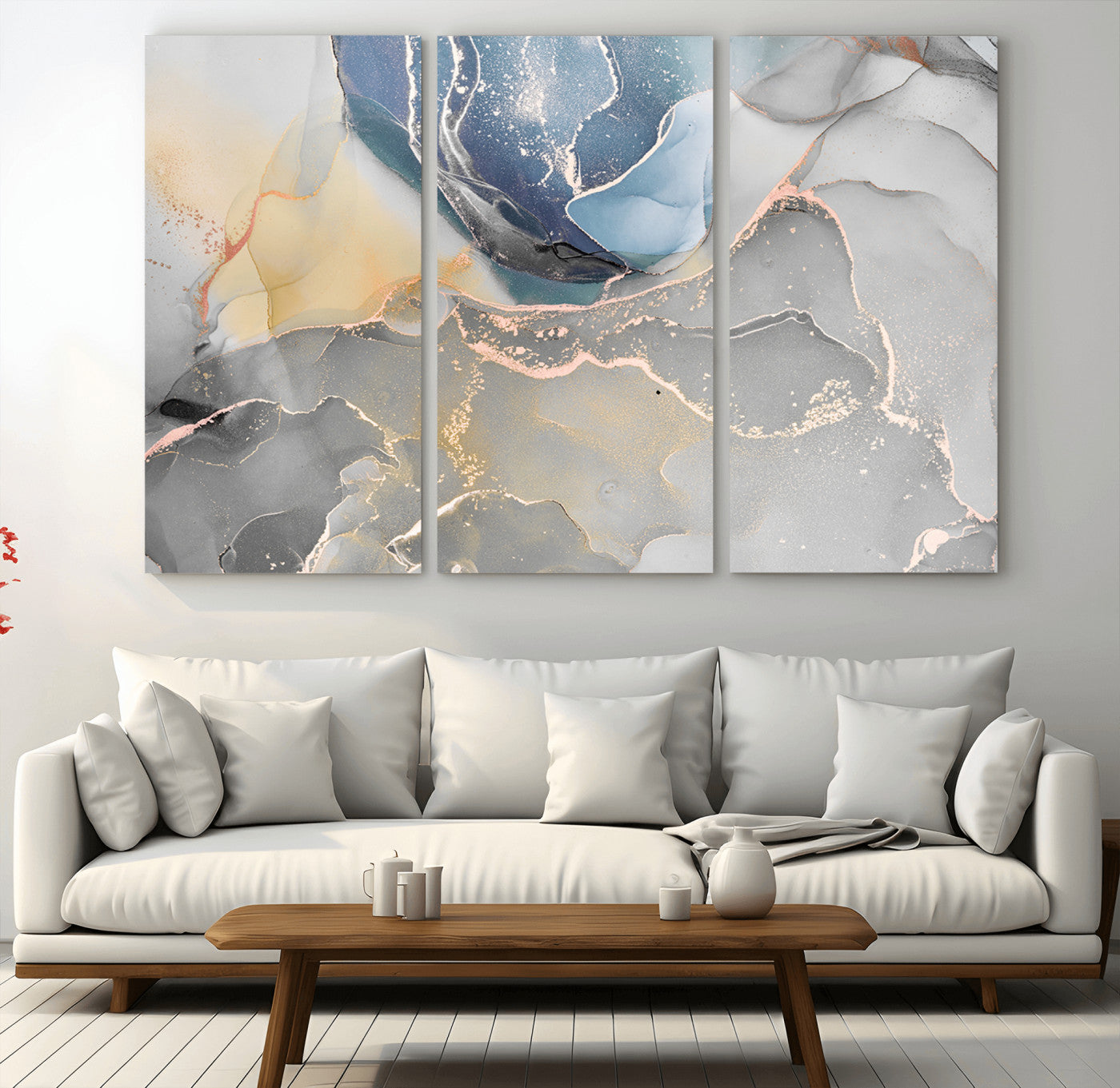 18176-MGV-CV-36X24-Abstract Fluid Wall Art – Modern Marble Ink Canvas Print with Blue, Gold, and Gray Tones, Contemporary Minimal Artwork Decor for