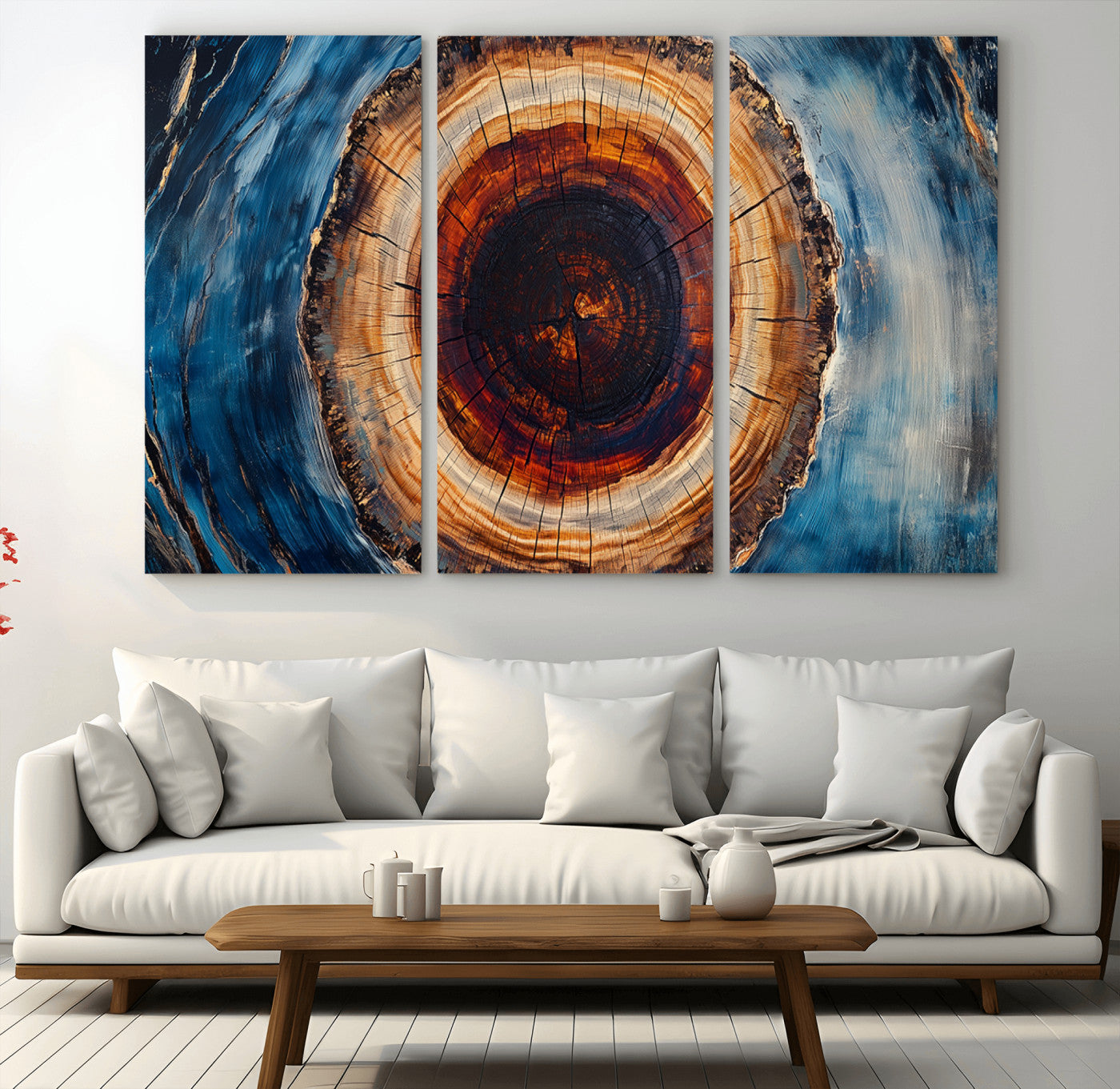 30457-MGV-CV-48X32-3P-Tree Ring Wall Art – Abstract Wood Grain Canvas Print with Brown and Blue Swirl, Rustic Nature Inspired Artwork for Living Room,