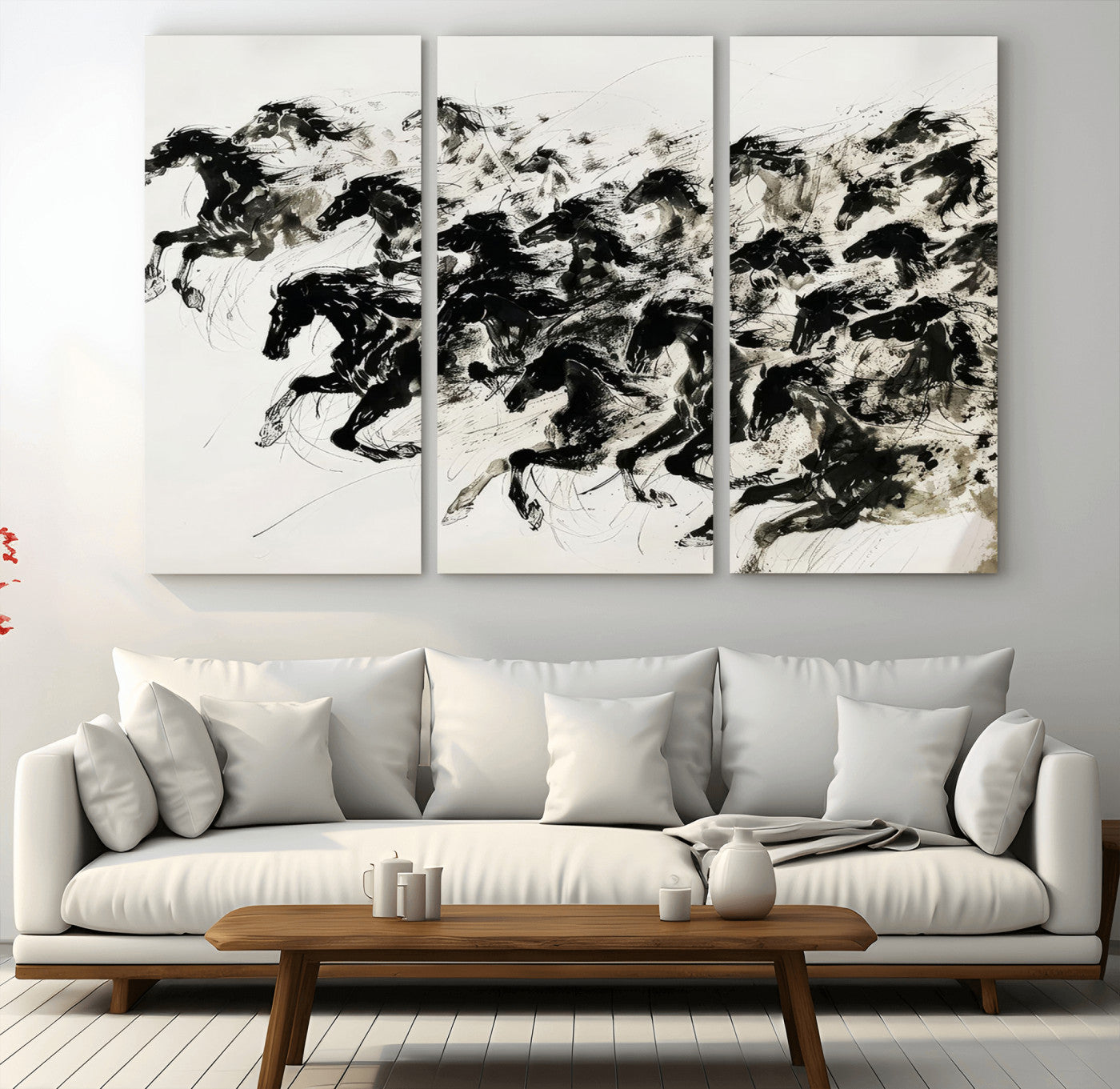23069-MGV-CV-36X24-Galloping Horses Wall Art – Black Ink Painting on Canvas, Dynamic Equestrian Artwork with Running Stallions, Expressive Modern