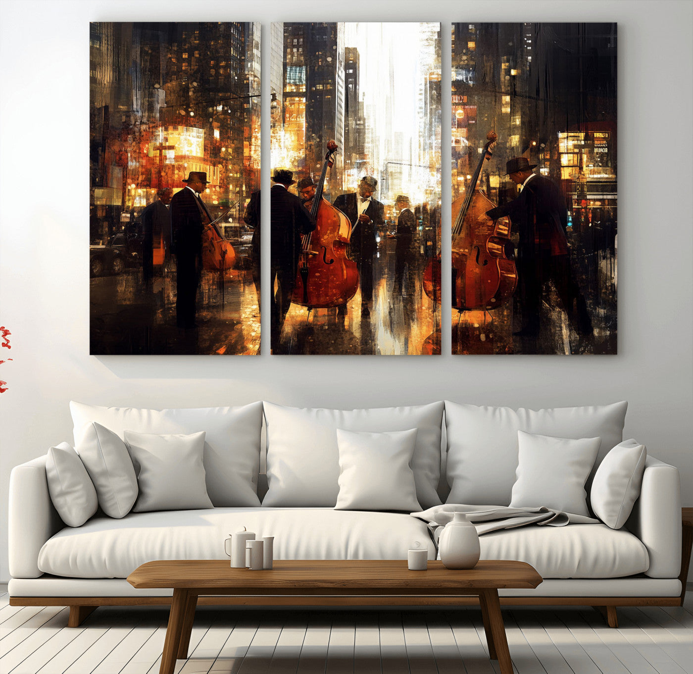 58782-MGV-CV-48X32-3P-Jazz Musicians Cityscape Wall Art – Vibrant Urban Night Canvas Print, Elegant Music Themed Decor for Living Room, Office, or Music