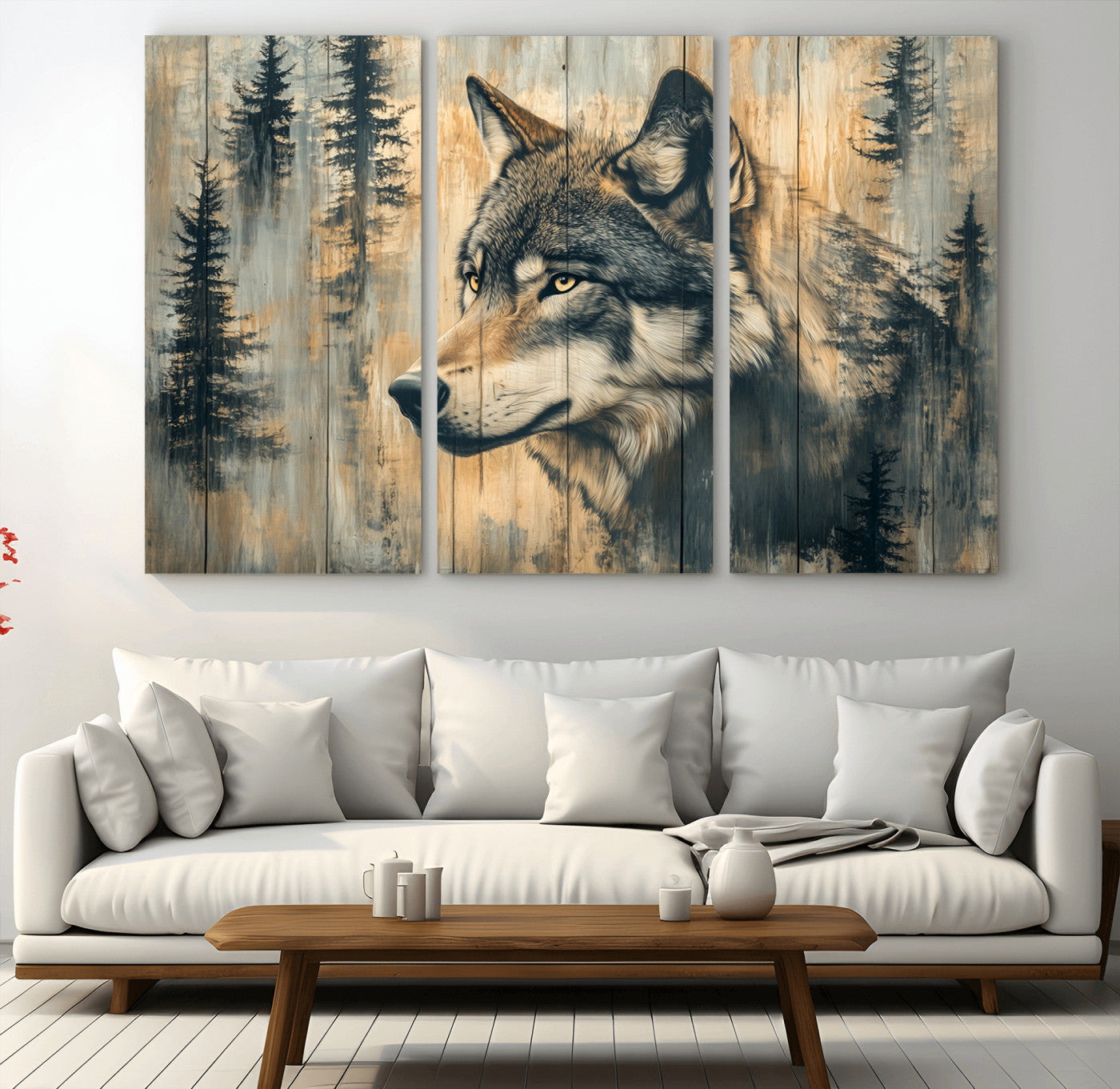 51892-MGV-CV-48X32-3P-Wolf Wall Art – Rustic Canvas Print of Wolf with Forest Trees on Wood Texture, Wildlife Lodge Artwork for Living Room, Bedroom,
