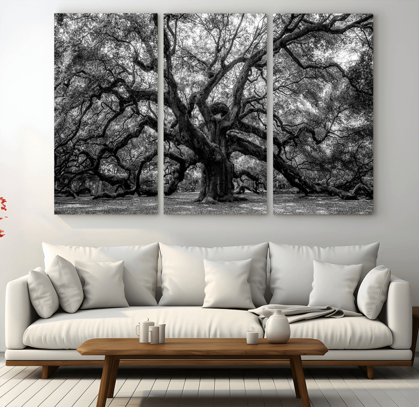 132944706-MGV-CV-36X24-Ancient Tree Wall Art – Black and White Photography Canvas Print Featuring Majestic Twisting Branches, Rustic Nature Artwork for