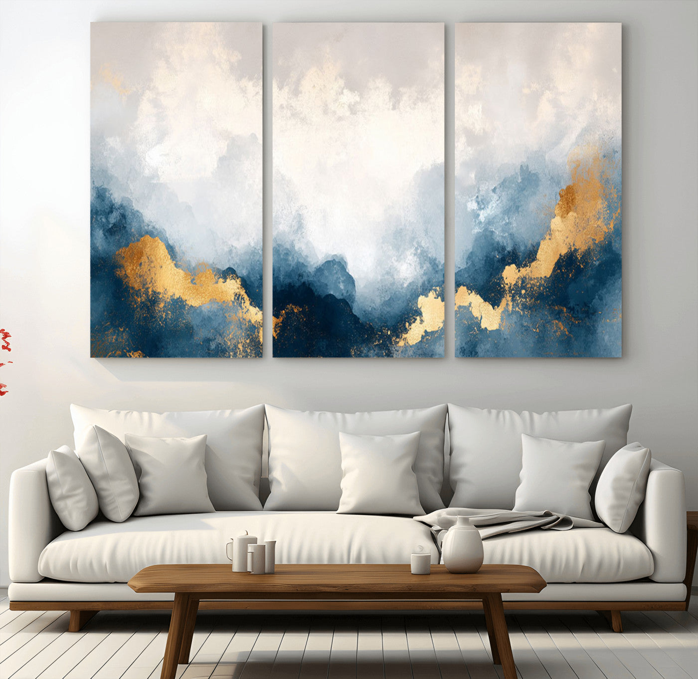 14578-MGV-CV-36X24-Abstract Wall Art – Modern Canvas Print Featuring Blue and White Clouds with Golden Accents, Contemporary Elegant Artwork for