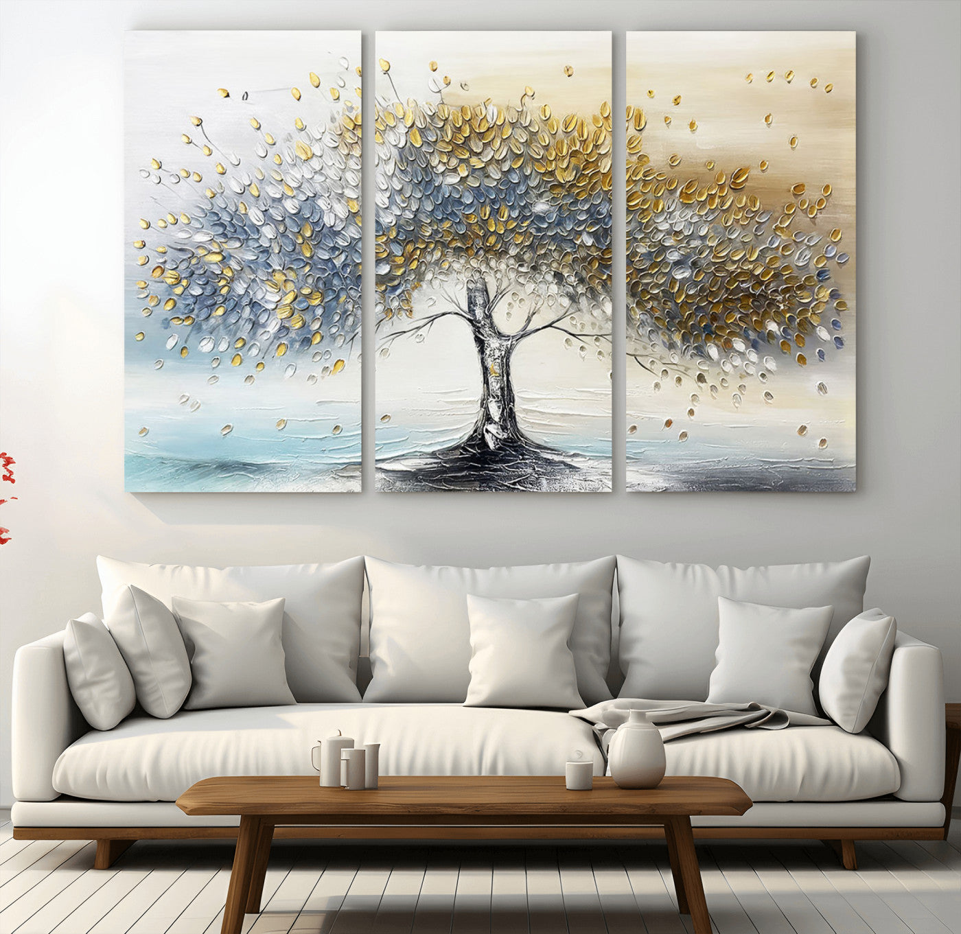 24771-MGV-CV-36X24-Silver Tree Wall Art Canvas Print, Framed Golden Leaves Art Picture Print, Metallic Tree Perfect Minimalist Luxury Decor Artwork