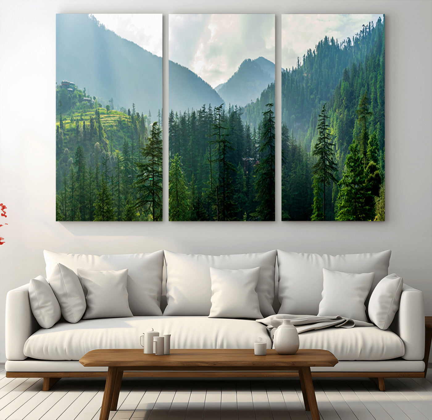 83417191-MGV-CV-36X24-Misty Mountain Forest Wall Art – Pine Tree Landscape Canvas Print, Nature Photography Panorama, Tranquil Green Forest Décor for