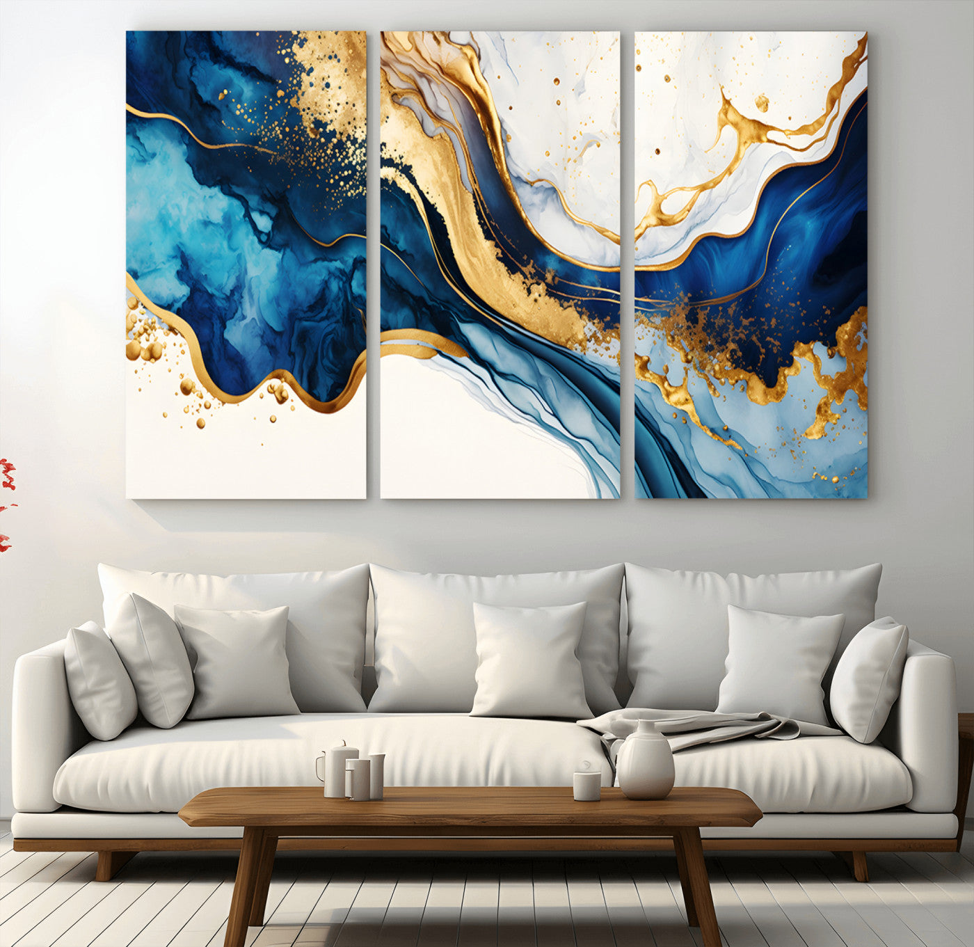 60283636-MGV-CV-36X24-Blue Gold Flow Wall Art Canvas Print, Framed Marble Texture Art Picture Print, Elegant Splash Perfect Elegant Abstract Decor