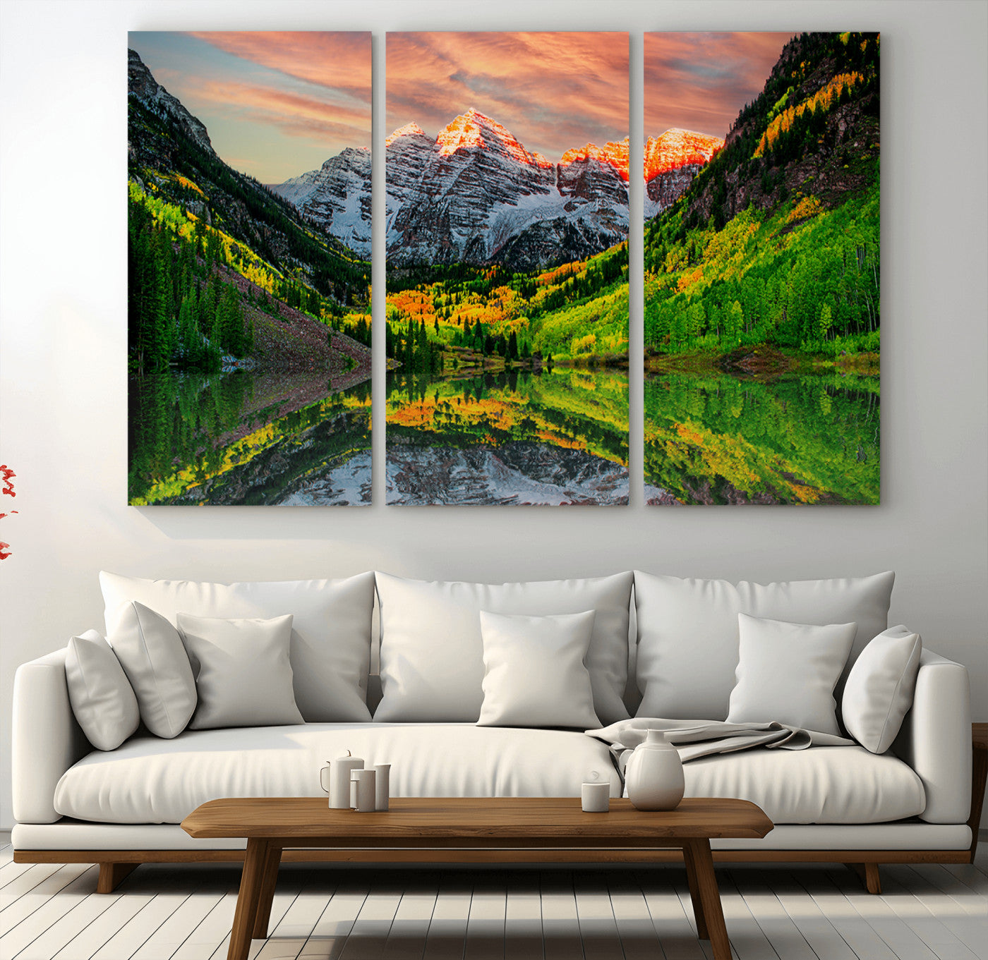 59533484-MGV-CV-36X24-Maroon Bells Autumn Wall Art – Panoramic Mountain Landscape Canvas Print, Sunset Reflection Nature Artwork for Living Room, Office