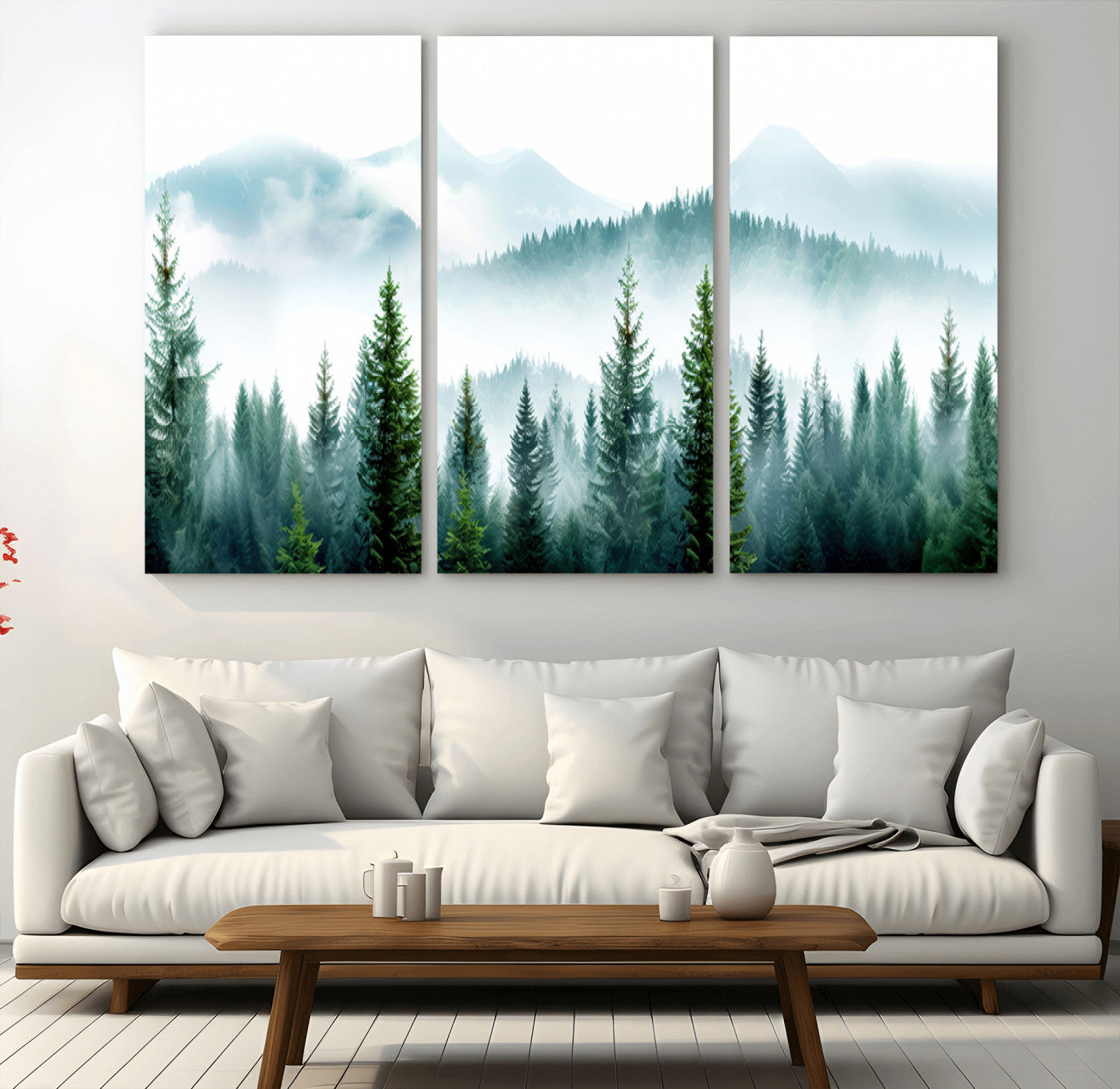 16716676-MGV-CV-36X24-Pine Forest Wall Art Canvas Print, Framed Misty Mountains Art Picture Print, Foggy Trees Perfect Moody Forest Decor Artwork