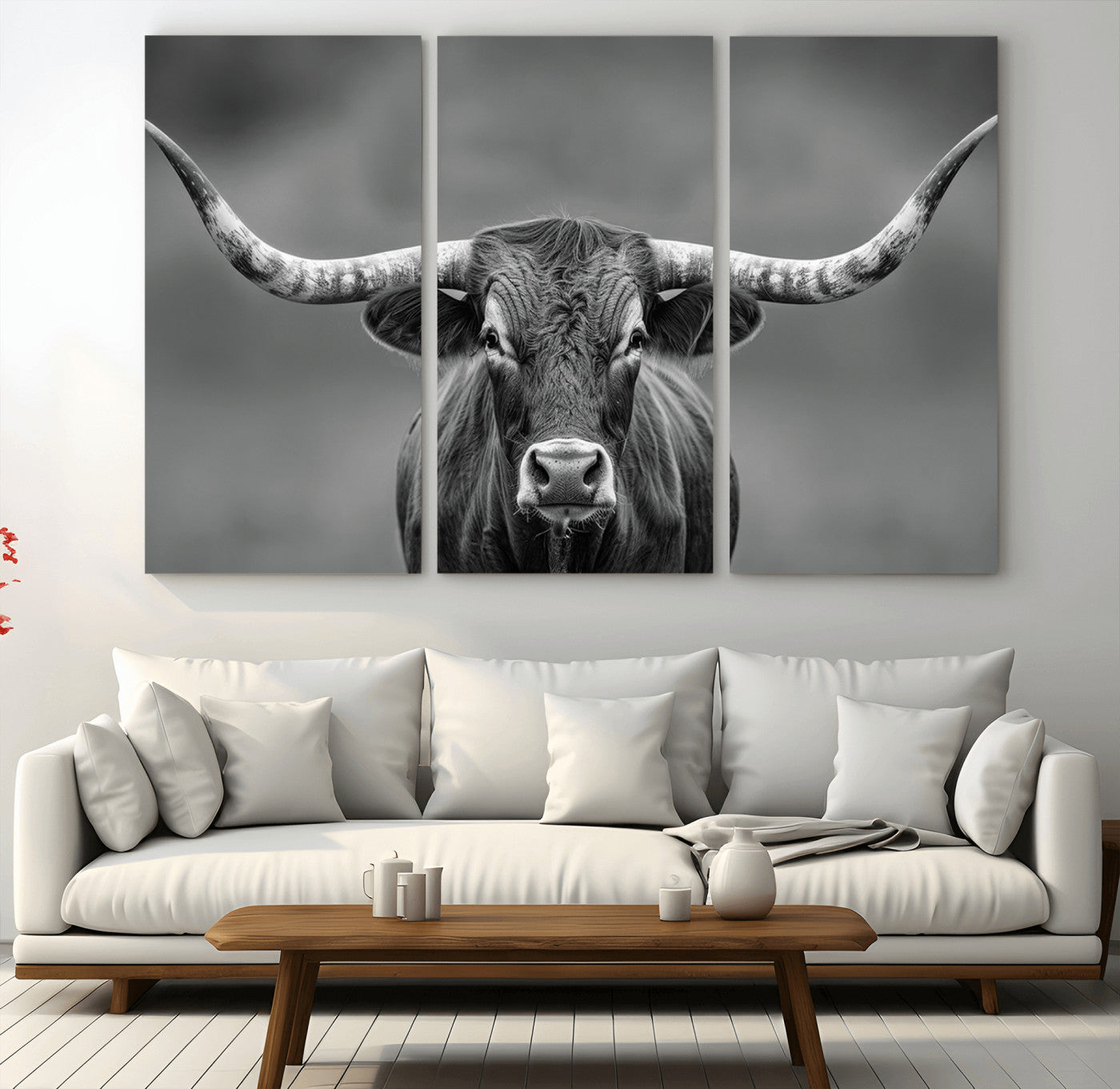 81228550-MGV-CV-36X24-Framed Texas Longhorn Bull Art Canvas Print, Western Bull Wall Art Print, Long Horn Bull Photo Print for Log Cabin, Large Bull