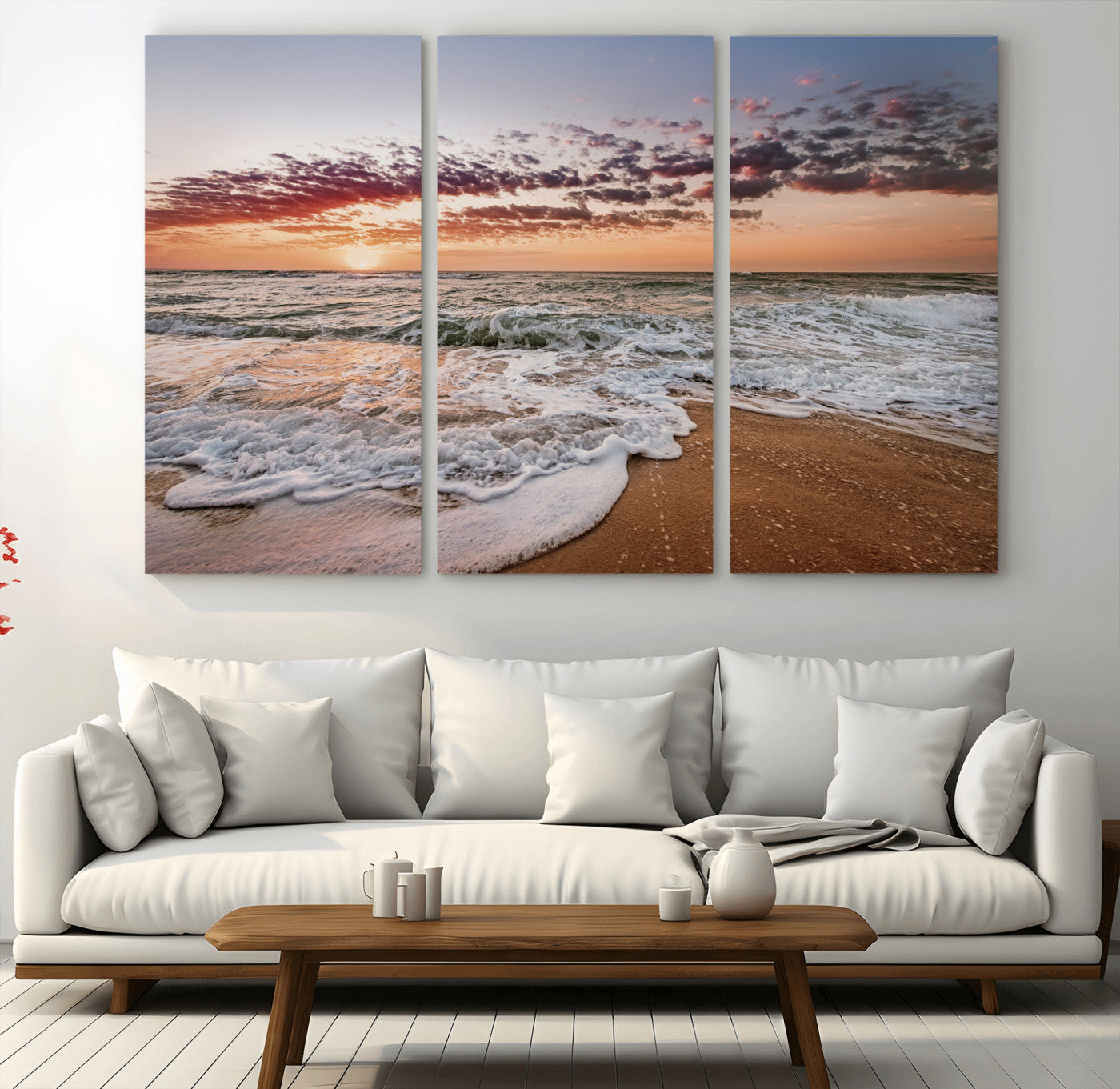 39846389-MGV-CV-36X24-Ocean Sunset Wall Art Canvas Print, Framed Sandy Shore Art Picture Print, Gentle Waves Perfect Minimalist Coastal Decor Artwork