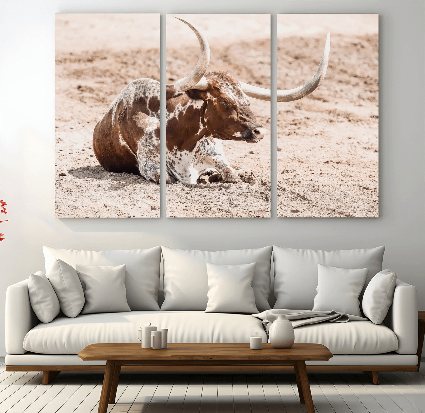 25407592-MGV-CV-48X32-3P-Texas Longhorn Wall Art Canvas Print, Framed Resting Bull Art Picture Print, Spotted Cattle Perfect Rustic Western Decor Artwork