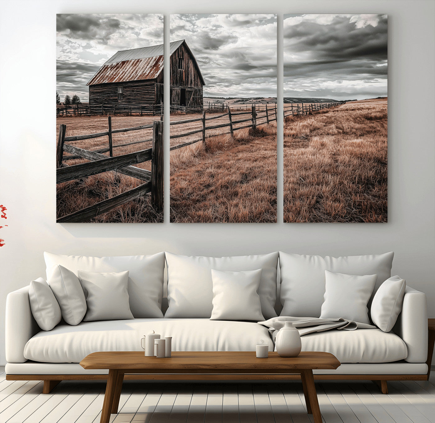 73898372-MGV-CV-48X32-3P-Rustic Barn Wall Art Canvas Print, Framed Moody Field Art Picture Print, Weathered Fence Perfect Moody Farmhouse Decor Artwork