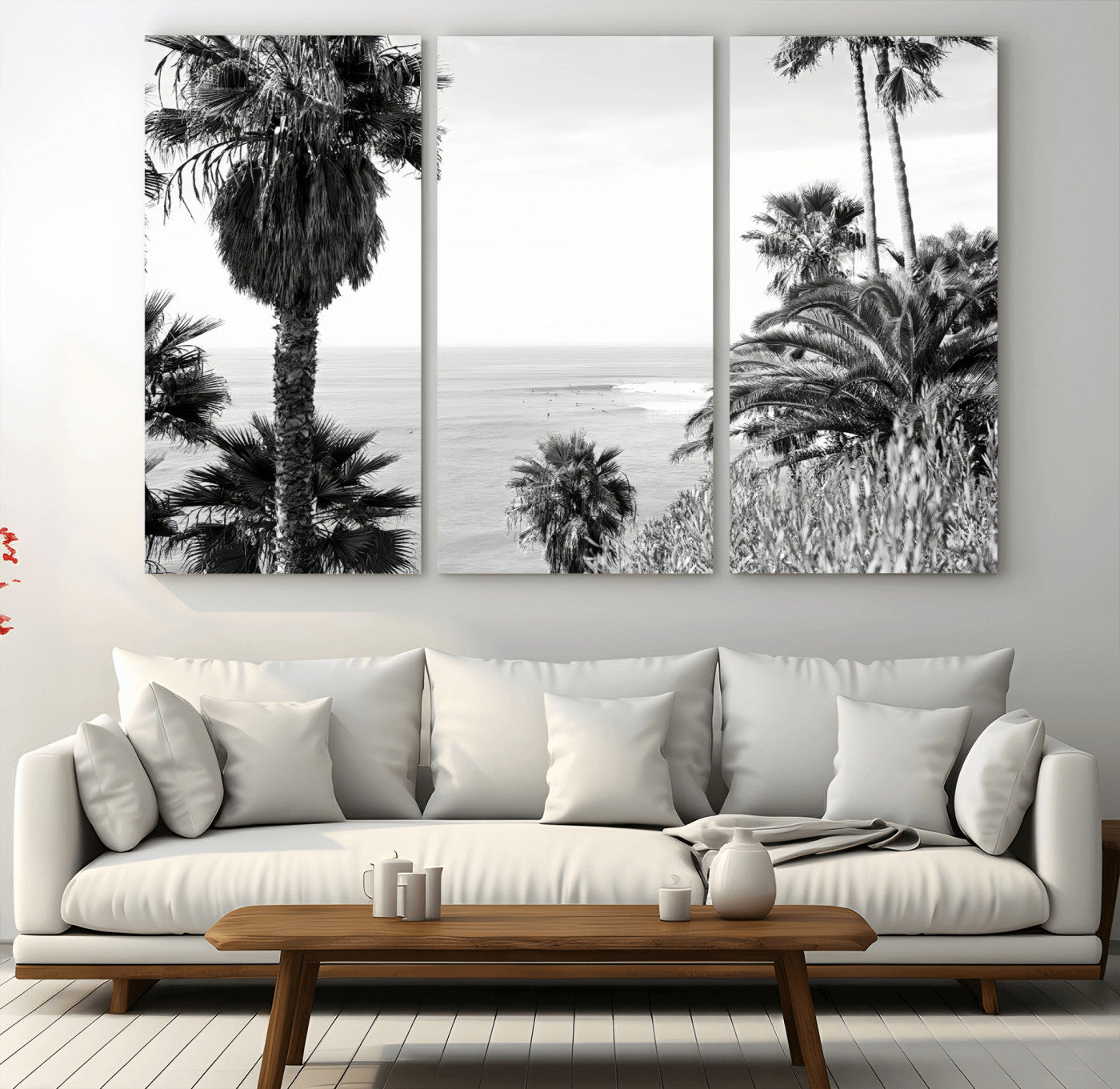 89458520-MGV-CV-48X32-3P-Palm Trees Wall Art Canvas Print, Framed Coastal View Art Picture Print, Ocean Horizon Perfect Monochrome Coast Decor Artwork