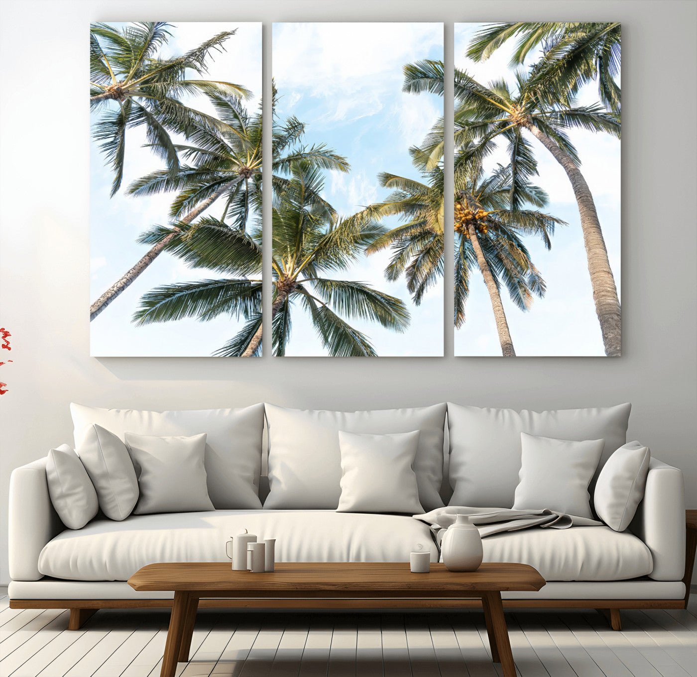 87247012-MGV-CV-48X32-3P-Skyward Palm Trees Wall Art Canvas Print, Framed Tropical Sky Art Picture Print, Coconut Palm Perfect Tropical Skyview Decor