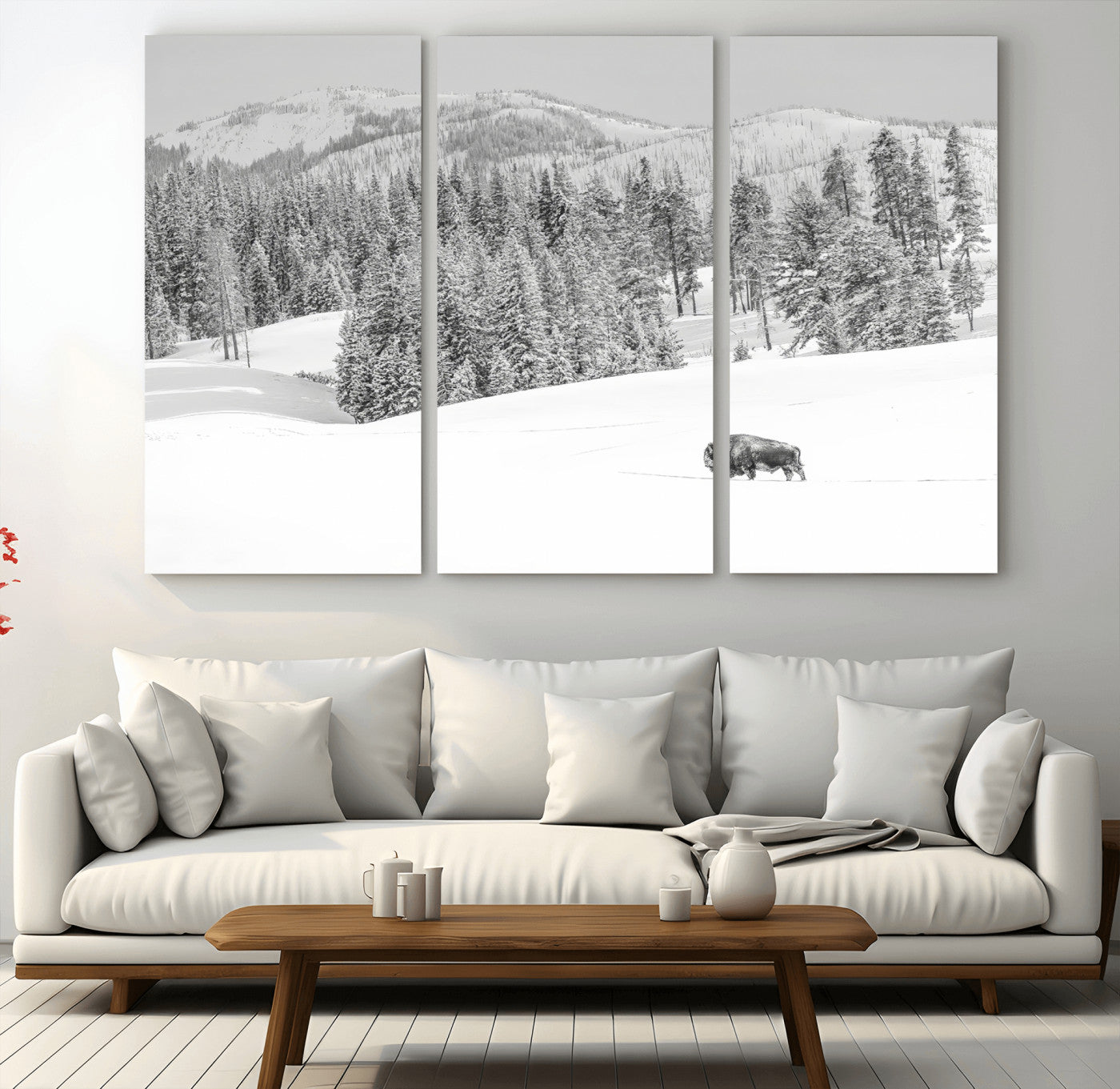 68081143-MGV-CV-48X32-3P-Snowy Bison Wall Art Canvas Print, Framed Winter Forest Art Picture Print, Lone Bison Perfect Monochrome Winter Wild Decor Artwork
