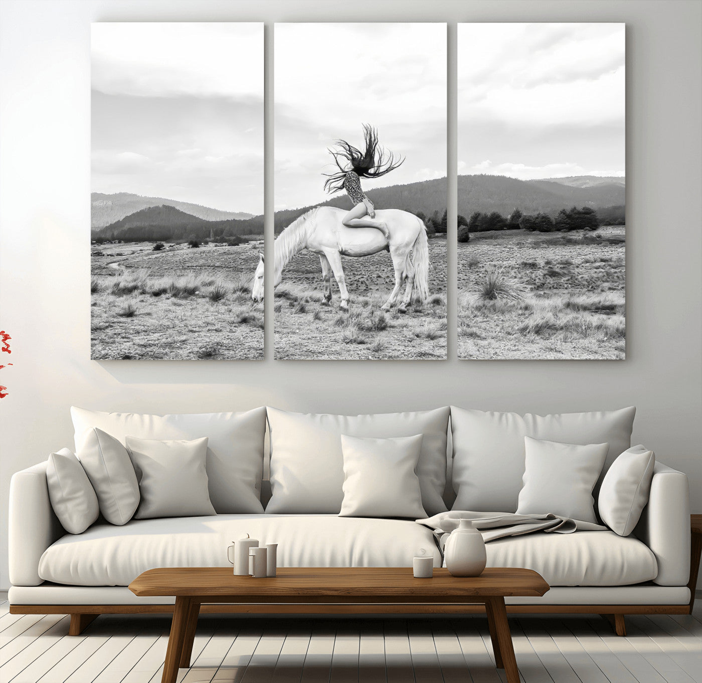 62789800-MGV-CV-48X32-3P-White Horse Wall Art Canvas Print, Framed Woman Rider Art Picture Print, Equestrian Pose Perfect Western Boho Decor Artwork