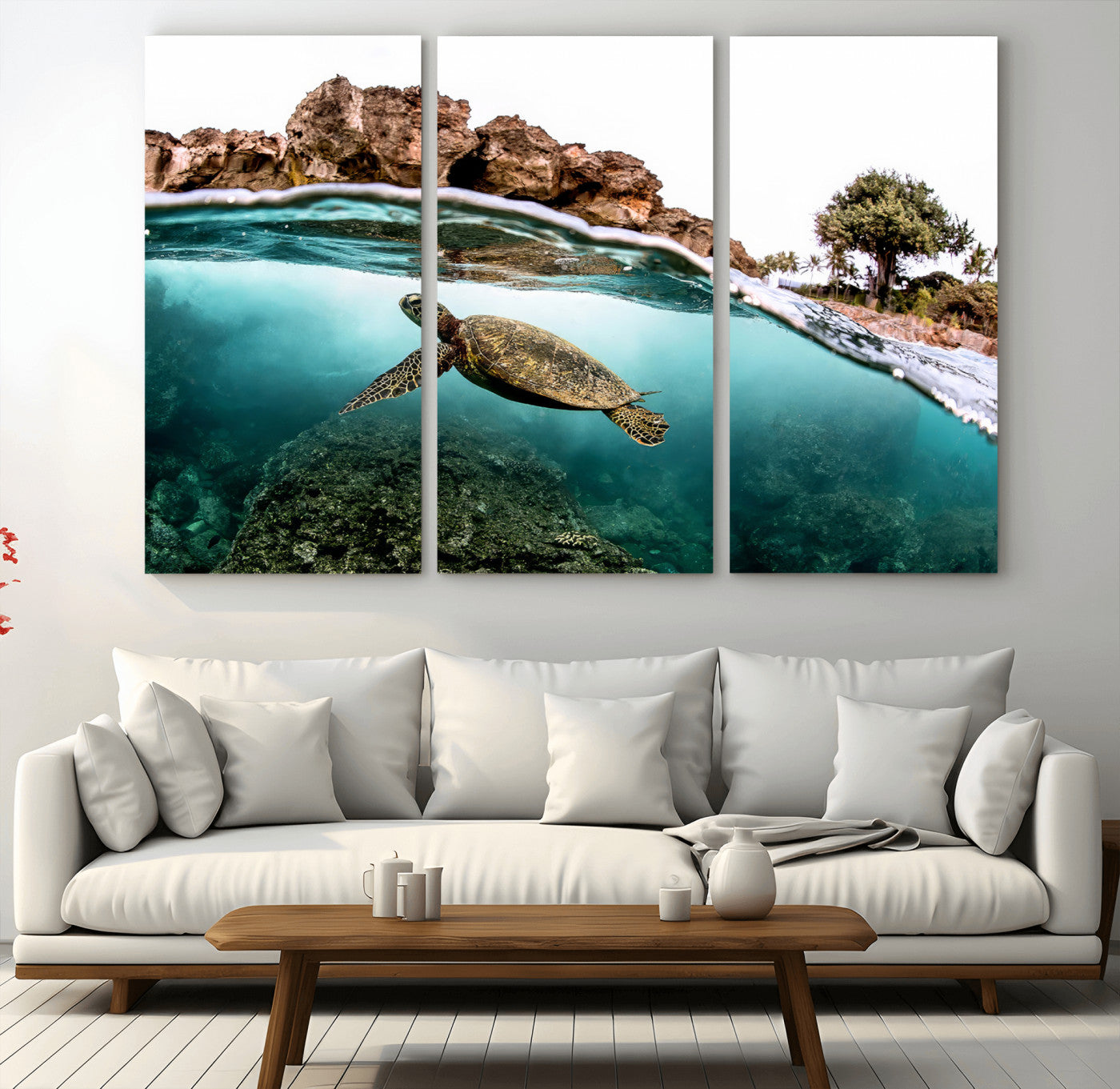 44200301-MGV-CV-48X32-3P-Sea Turtle Swim Wall Art Canvas Print, Framed Ocean Life Art Picture Print, Tropical Shoreline Perfect Tropical Coastal Decor