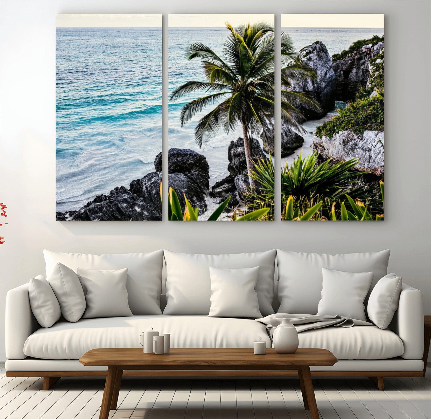 94669907-MGV-CV-48X32-3P-Tropical Coastline Wall Art Canvas Print, Framed Palm Tree Art Picture Print, Rocky Beach Perfect Tropical Coastal Decor Artwork