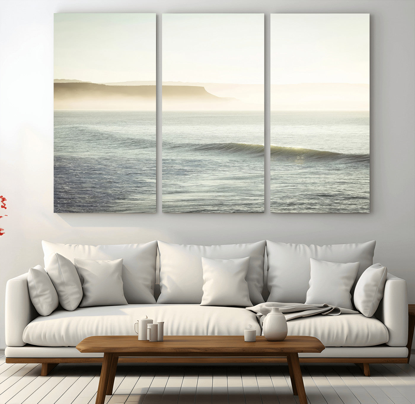 39310633-MGV-CV-48X32-3P-Coastal Cliffs Wall Art Canvas Print, Framed Misty Ocean Art Picture Print, Morning Light Perfect Minimalistic Coastal Decor