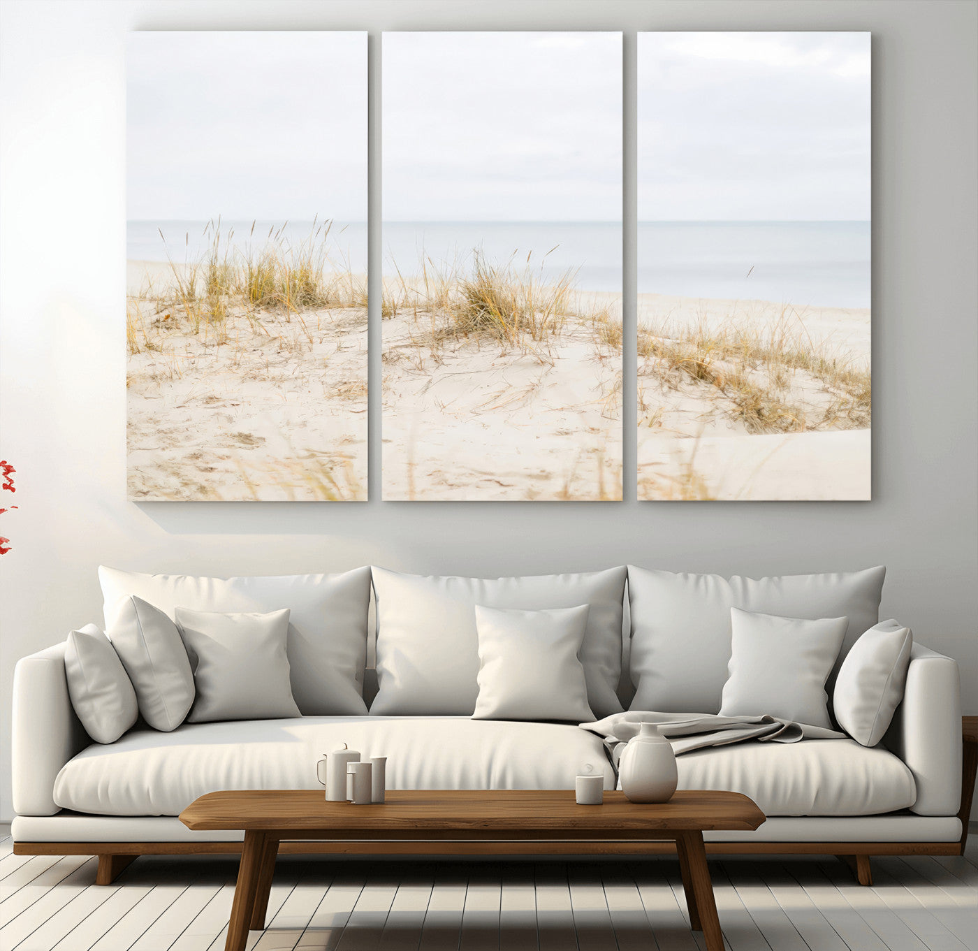 13146857-MGV-CV-48X32-3P-Beach Dunes Wall Art Canvas Print, Framed Soft Horizon Art Picture Print, Coastal Grass Perfect Minimalist Coastal Decor Artwork