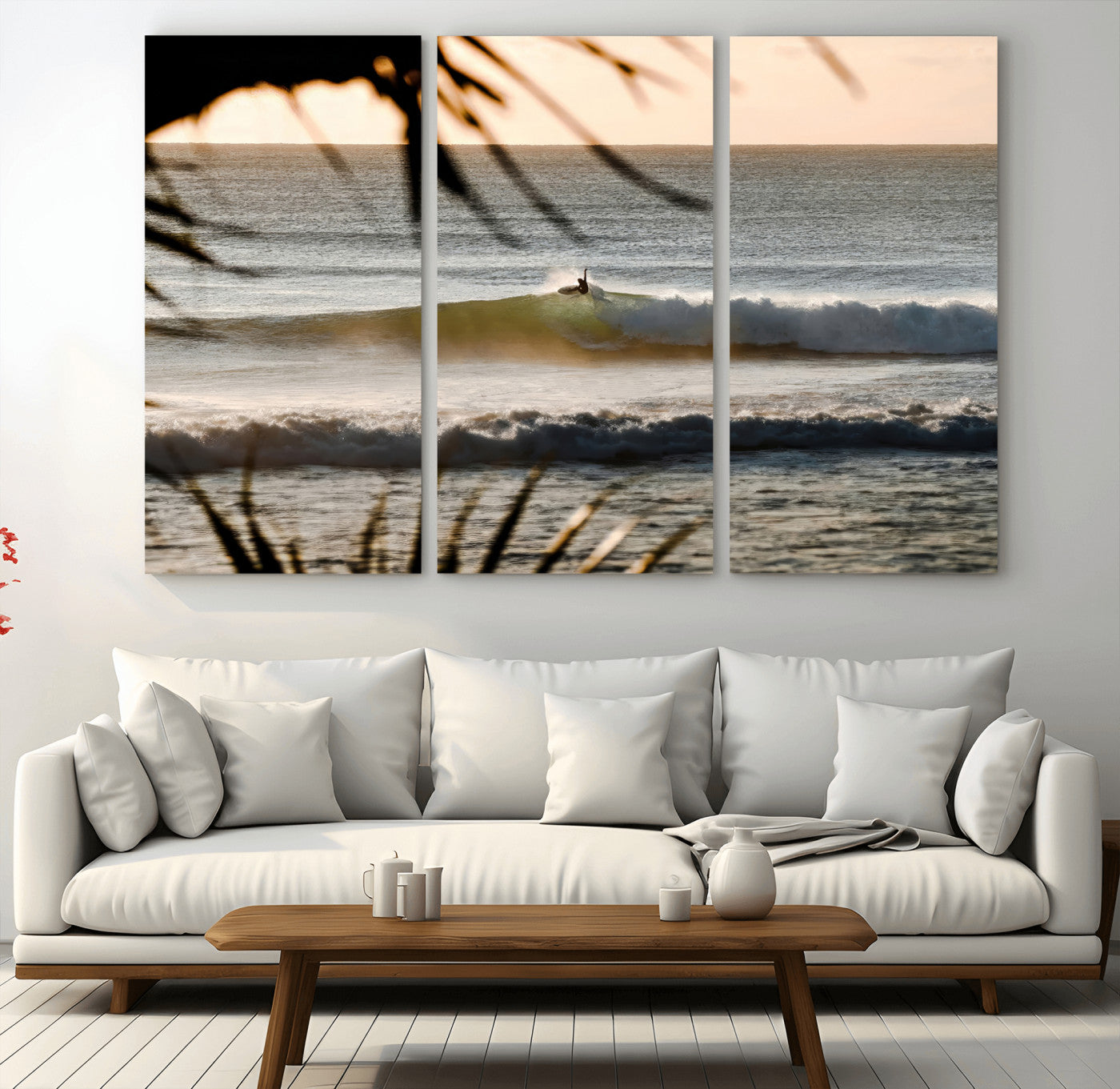 24896468-MGV-CV-36X24-Sunset Surf Wall Art Canvas Print, Framed Golden Waves Art Picture Print, Tropical Ocean Perfect Tropical Boho Decor Artwork