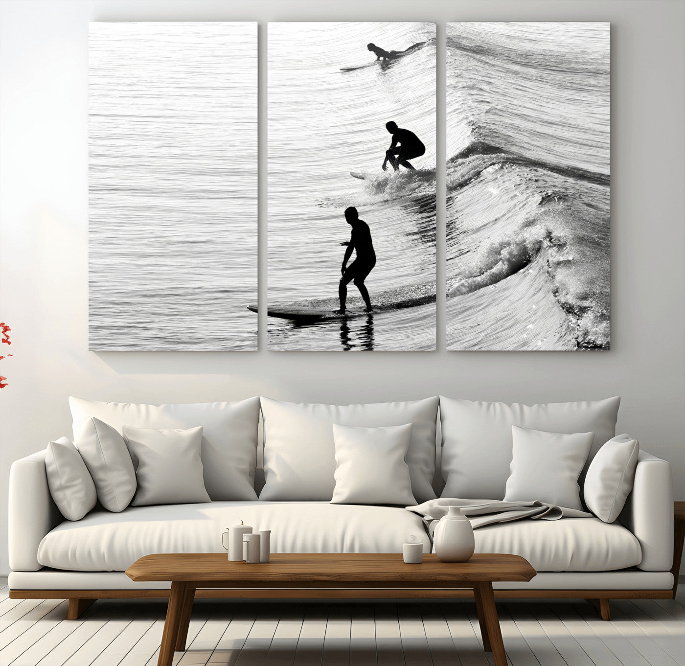 19875284-MGV-CV-36X24-Surfer Waves Wall Art Canvas Print, Framed Black White Surf Art Picture Print, Monochrome Ocean Perfect Modern Coastal Decor