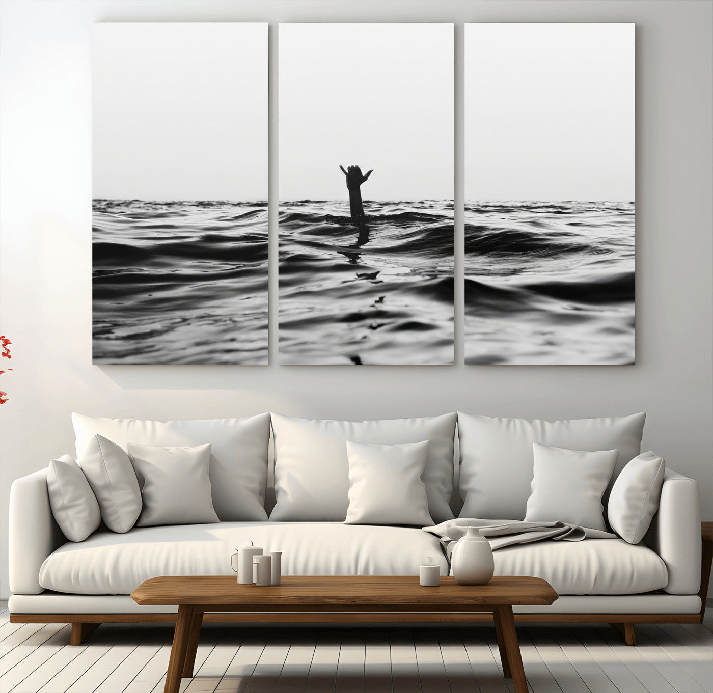 69541918-MGV-CV-48X32-3P-Black White Ocean Wall Art Canvas Print, Framed Moody Seascape Art Picture Print, Surfer Sign Perfect Moody Minimalist Decor