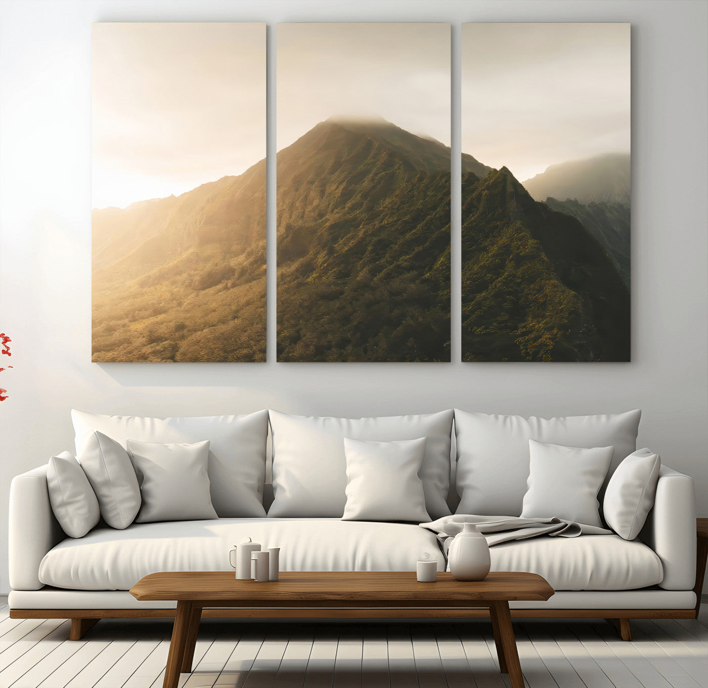 42338636-MGV-CV-48X32-3P-Golden Mountain Wall Art Canvas Print, Framed Misty Summit Art Picture Print, Rugged Landscape Perfect Moody Wilderness Decor
