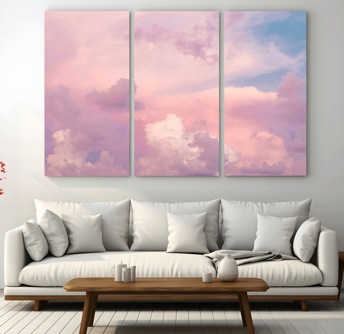 22874890-MGV-CV-48X32-3P-Pastel Sky Wall Art Canvas Print, Framed Dreamy Cloudscape Art Picture Print, Sunset Glow Perfect Minimalist Serenity Decor