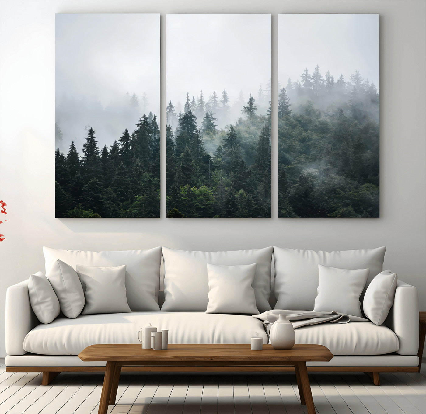 84146572-MGV-CV-48X32-3P-Foggy Pine Trees Wall Art Canvas Print, Framed Forest Nature Art Picture Print, Evergreen Forest Perfect Scandinavian Minimalist
