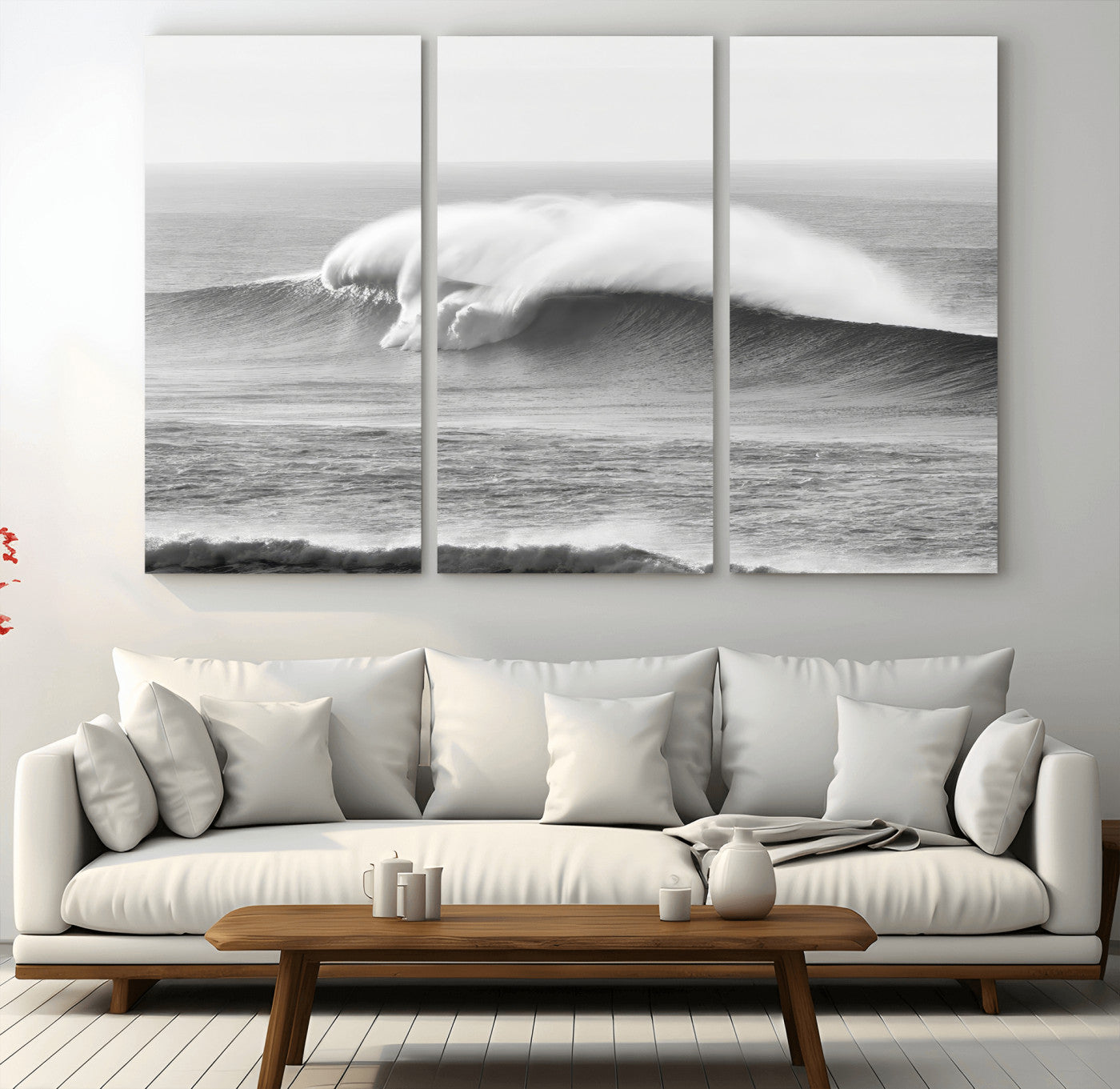 42544082-MGV-CV-48X32-3P-Monochrome Seascape Wall Art Canvas Print, Framed Surf Wave Art Picture Print, Minimalist Ocean Perfect Moody Coastal Decor