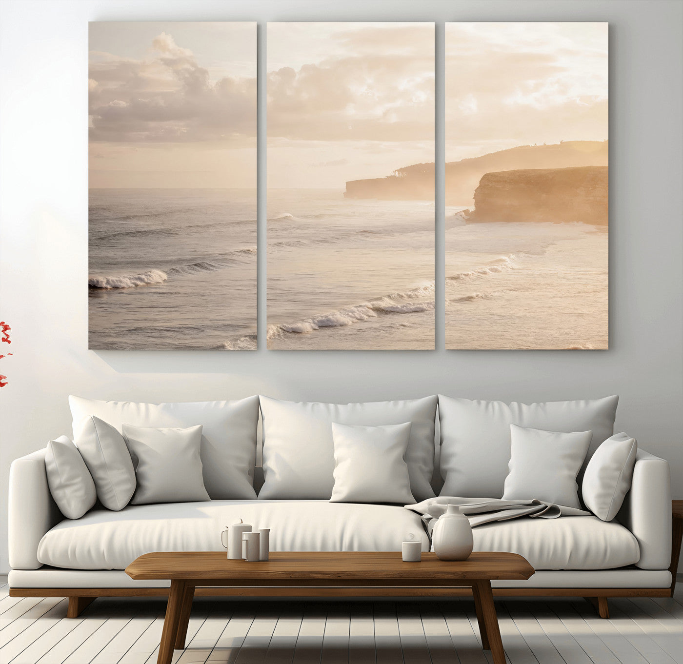 57669769-MGV-CV-48X32-3P-Misty Coastal Wall Art Canvas Print, Framed Golden Sunset Art Picture Print, Serene Shoreline Perfect Tranquil Coastal Decor