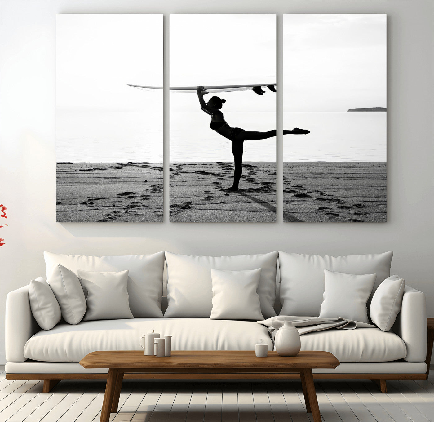 28441356-MGV-CV-48X32-3P-Yoga Surf Wall Art Canvas Print, Framed Black White Shore Art Picture Print, Peaceful Ocean Perfect Minimalist Coastal Decor