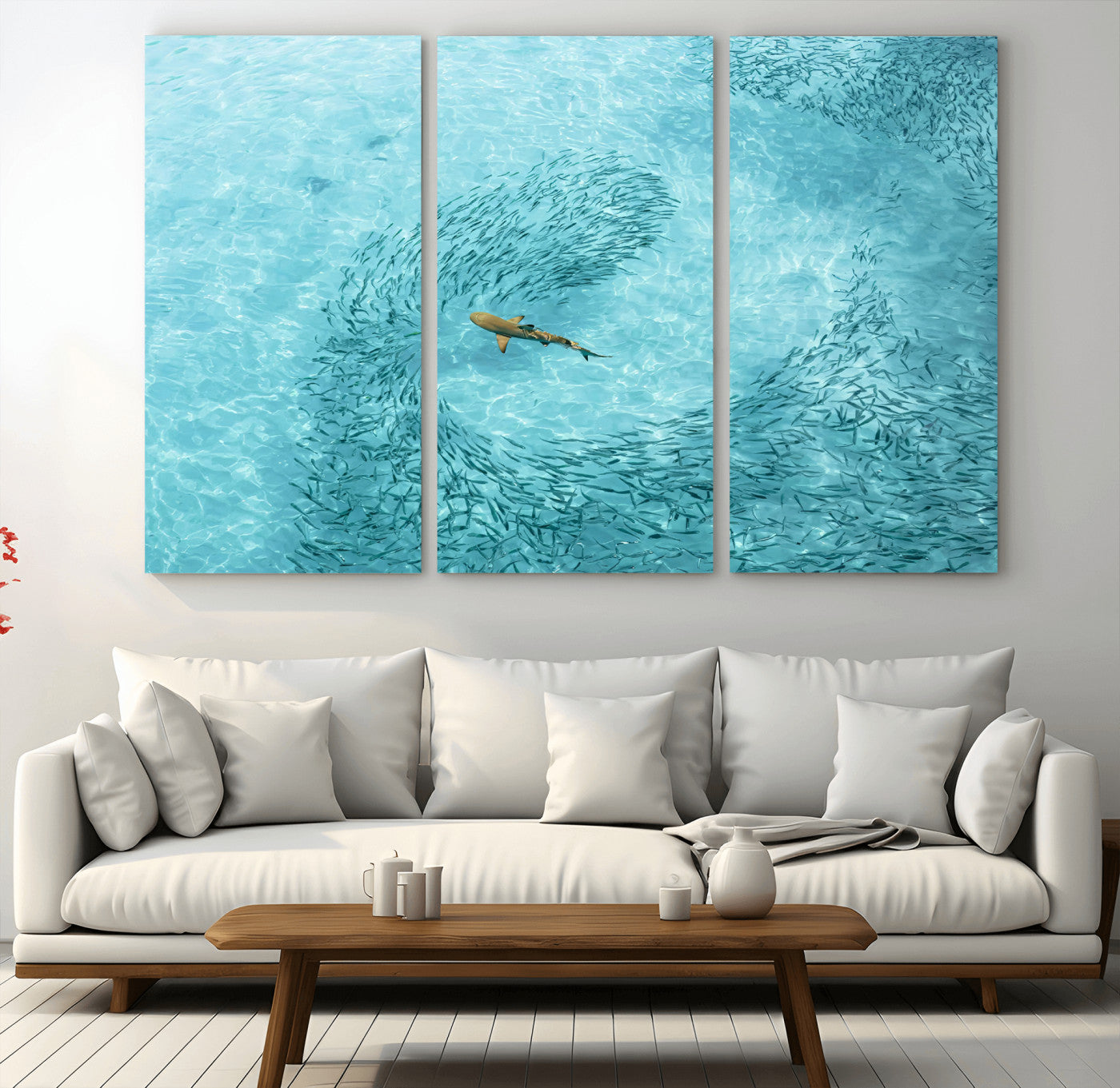 43671474-MGV-CV-48X32-3P-Fish Swarm Wall Art Canvas Print, Framed Marine Life Art Picture Print, Shark Aerial Perfect Wildlife Coastal Decor Artwork
