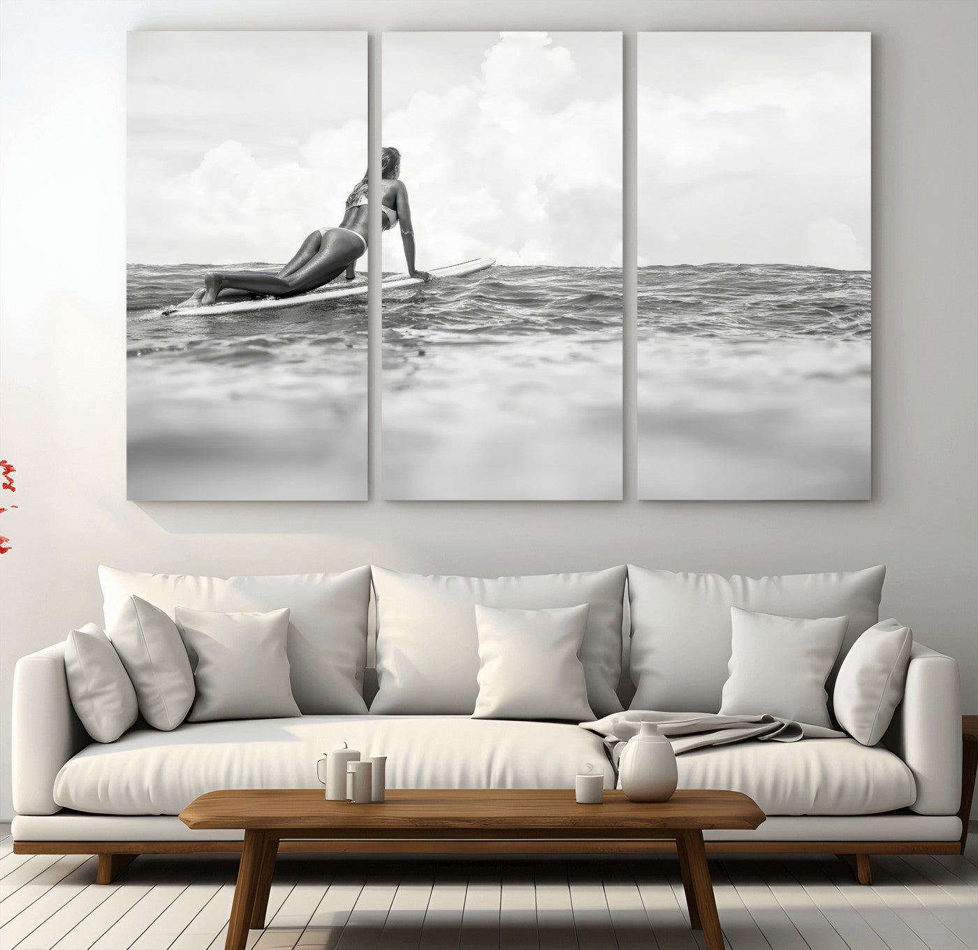 69798068-MGV-CV-48X32-3P-Black White Surfing Wall Art Canvas Print, Framed Ocean Horizon Art Picture Print, Surfer Girl Perfect Coastal Adventure Decor