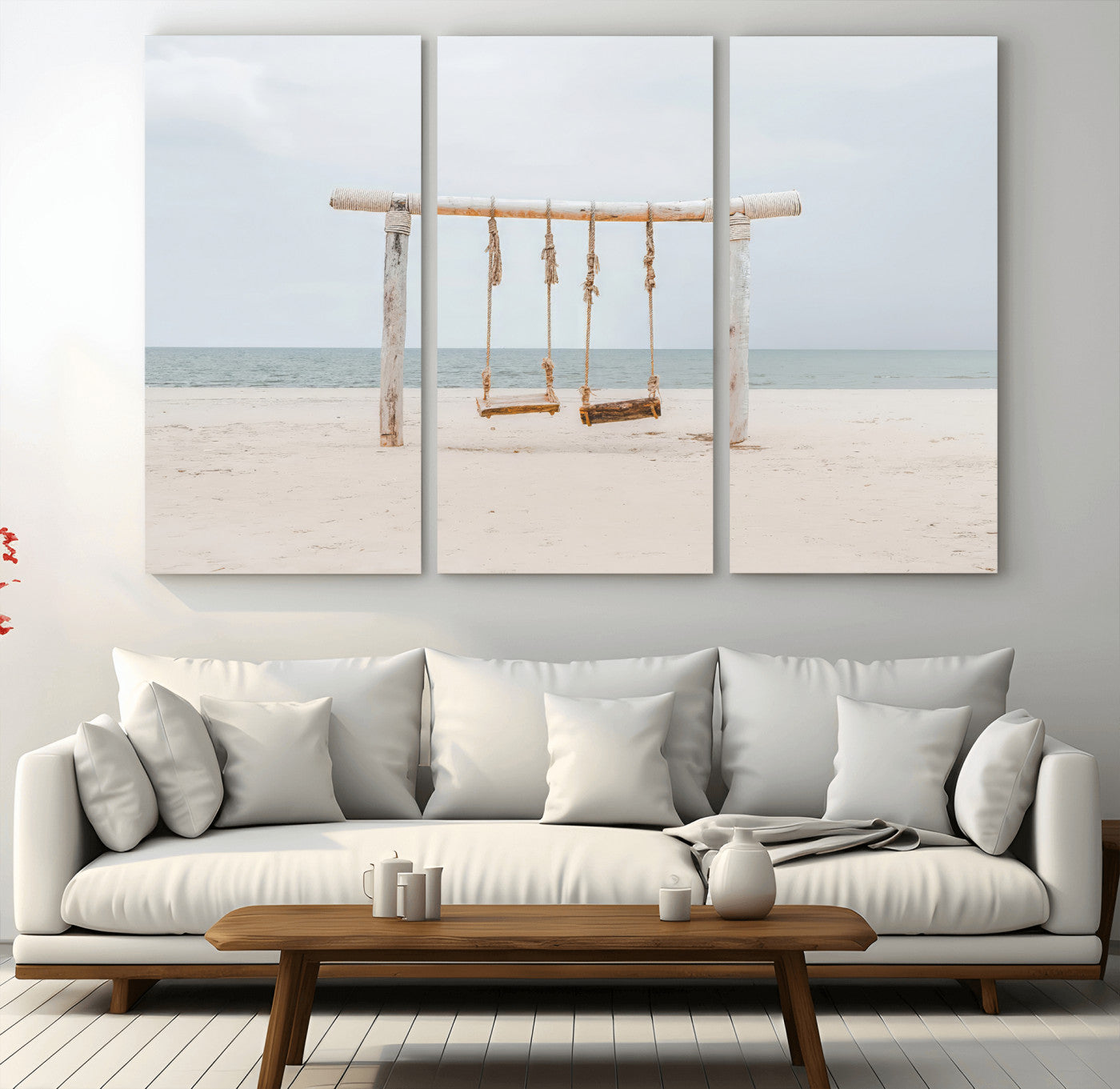 68327283-MGV-CV-36X24-Beach Swing Wall Art Canvas Print, Framed Quiet Beach Art Picture Print, Calm Shoreline Perfect Bohemian Coastal Decor Artwork