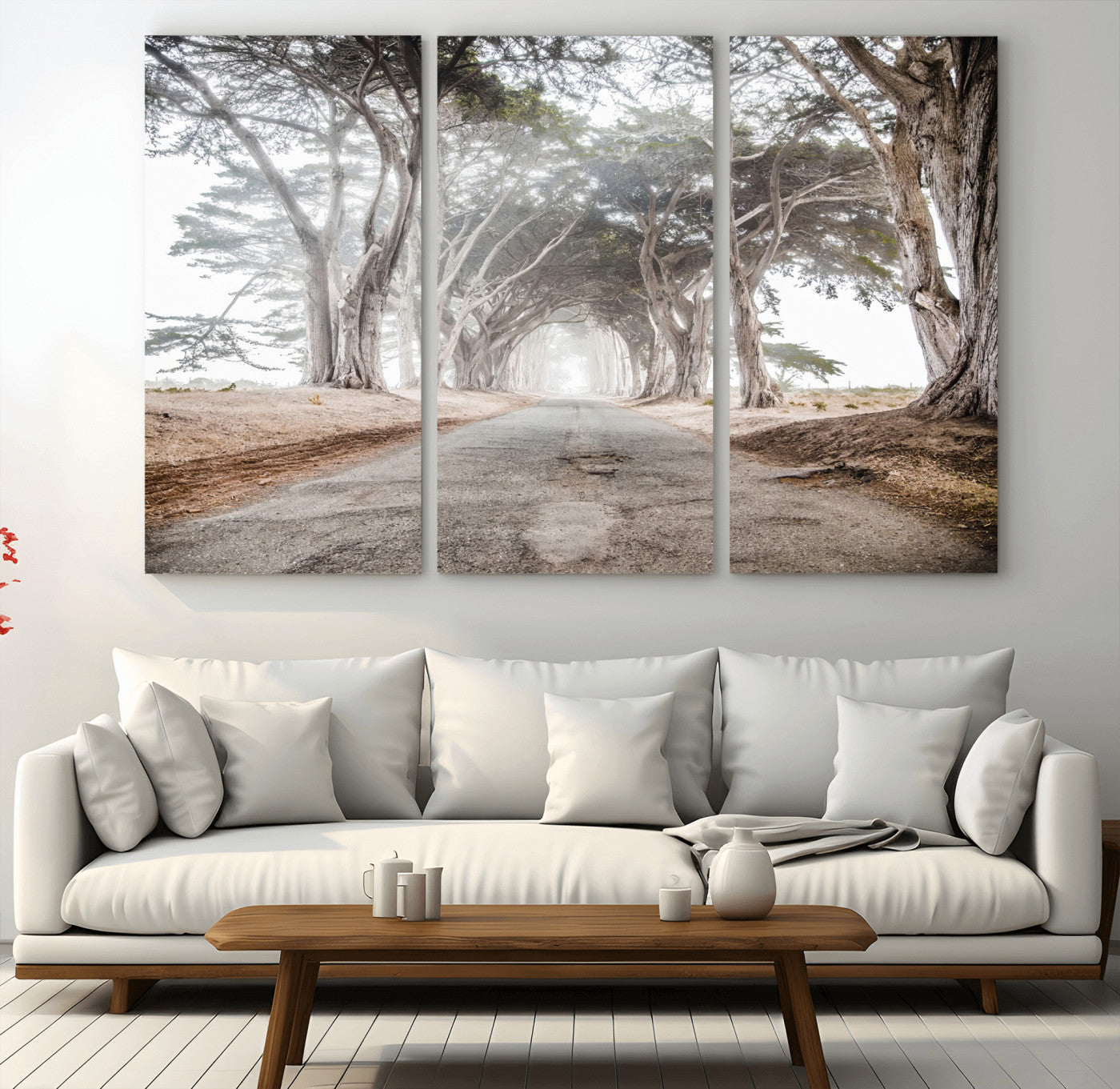87090469-MGV-CV-48X32-3P-Cypress Tunnel Wall Art Canvas Print, Framed Misty Road Art Picture Print, Foggy Trees Perfect Rustic Woodland Decor Artwork